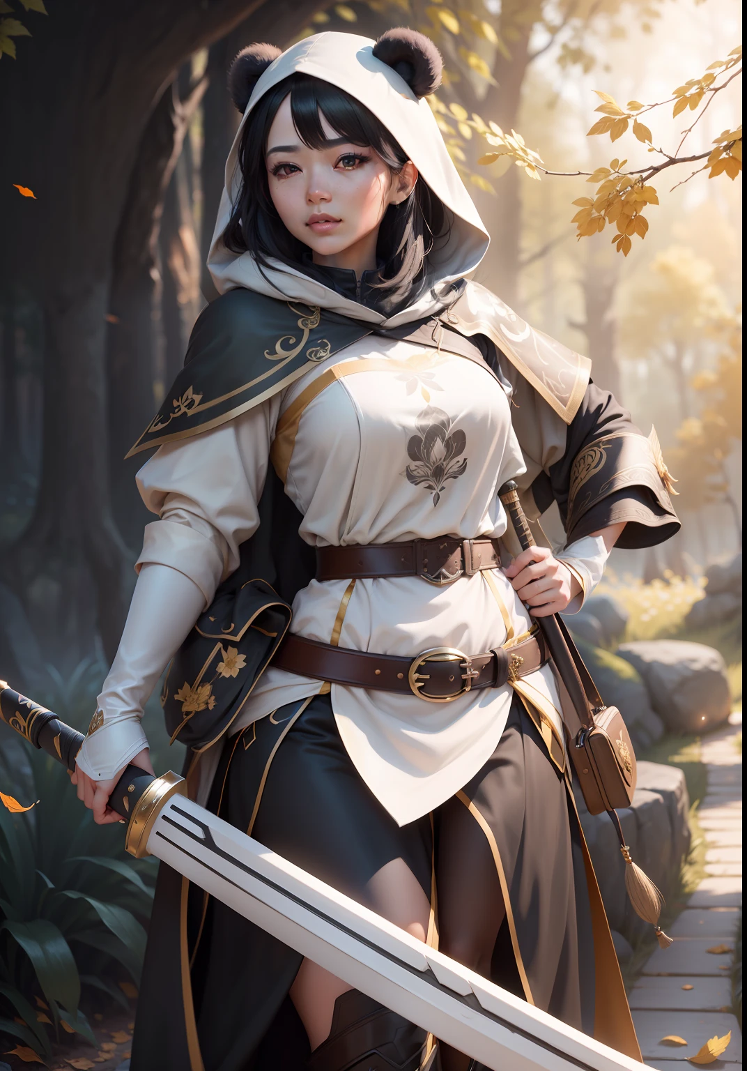 beautiful woman facing the camera black hair asian eyes, wearing a black and white panda hood holding a gleaming sword silver and gold Masterpiece, best quality, high quality, highly detailed CG unity 8k wallpaper beautiful landscape oil painting, award winning photography, bokeh, depth of field, HDR, bloom, chromatic aberration, photorealism, highly detailed, trending on artstation, on CGsociety Trending, intricate, high detail, dramatic, midjourney art and masterpiece, best quality, high quality, extremely detailed CG unity 8k wallpaper lush summer landscape with rolling green hills stretching towards the horizon, dotted with pink, yellow wildflowers, and purples, volumetric lighting and masterpiece, best quality, high quality, extremely detailed CG unity 8k wallpapers serene autumn landscape surrounded by trees in shades of golden yellow, fiery red and burnt orange. The crisp air is laced with the sweet aroma of fallen leaves and wood smoke. The ground is covered with a golden folia --auto