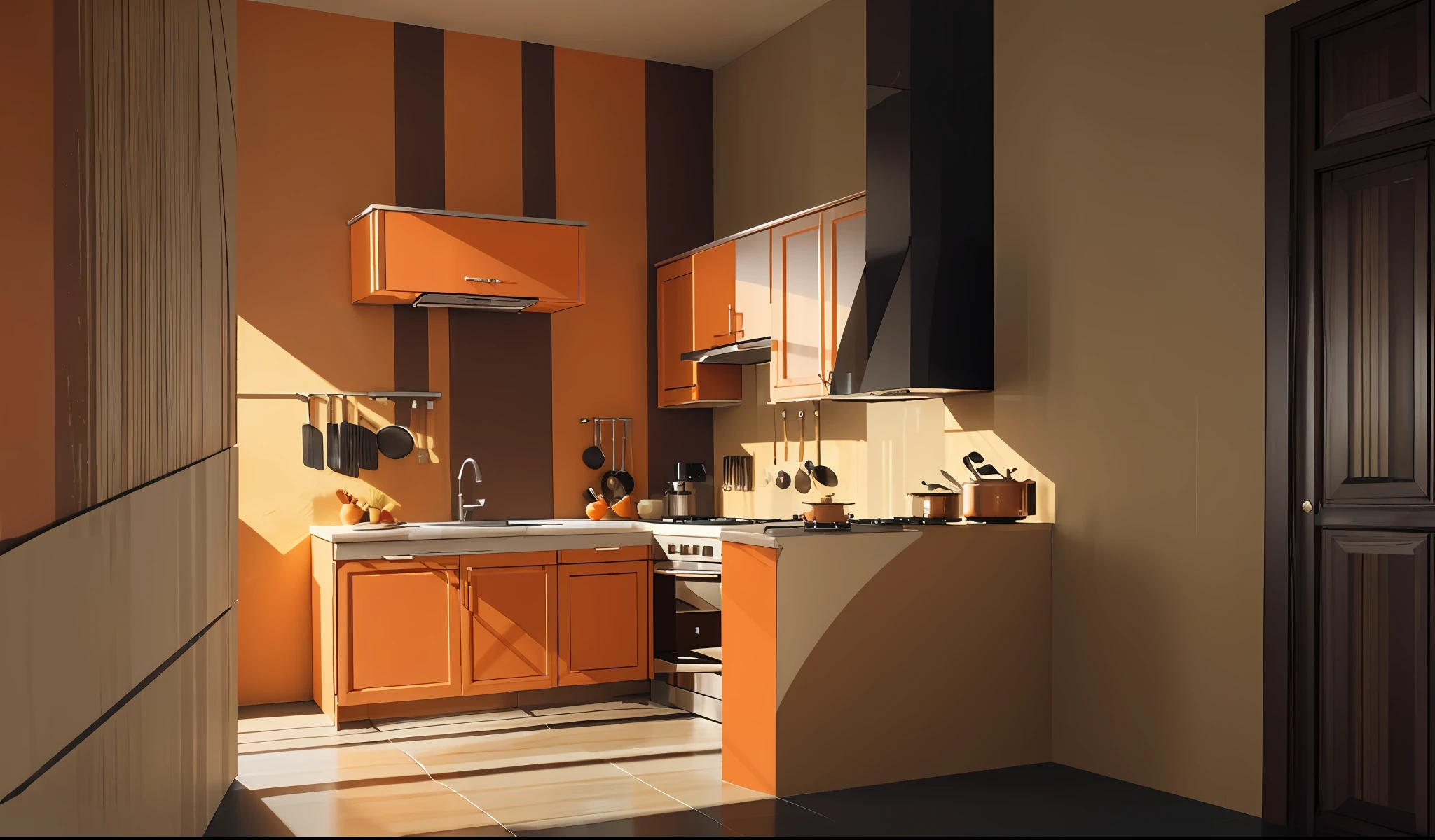 (Royal style kitchen with dominant orange tones), (complete and suitable kitchen furniture), decorative wallpaper, , realistic lighting, EU5, best rendering, highest quality, excellence, best quality, 4k, interior architecture, neoclassical, great cinematic lighting, top picture quality,