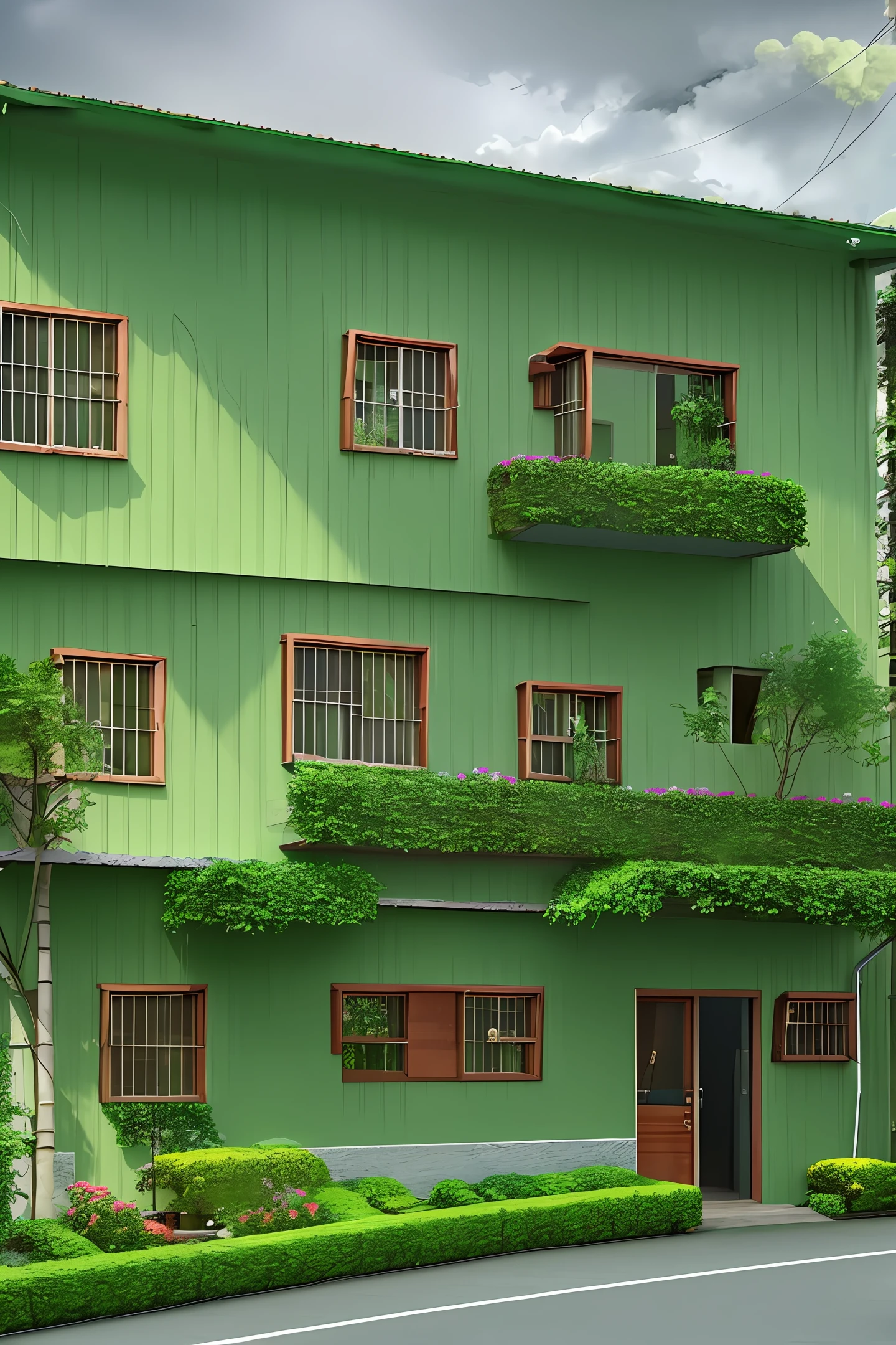 House, flat viewpoint, thunderstorm weather, many plants around, main color green, 3d rendering