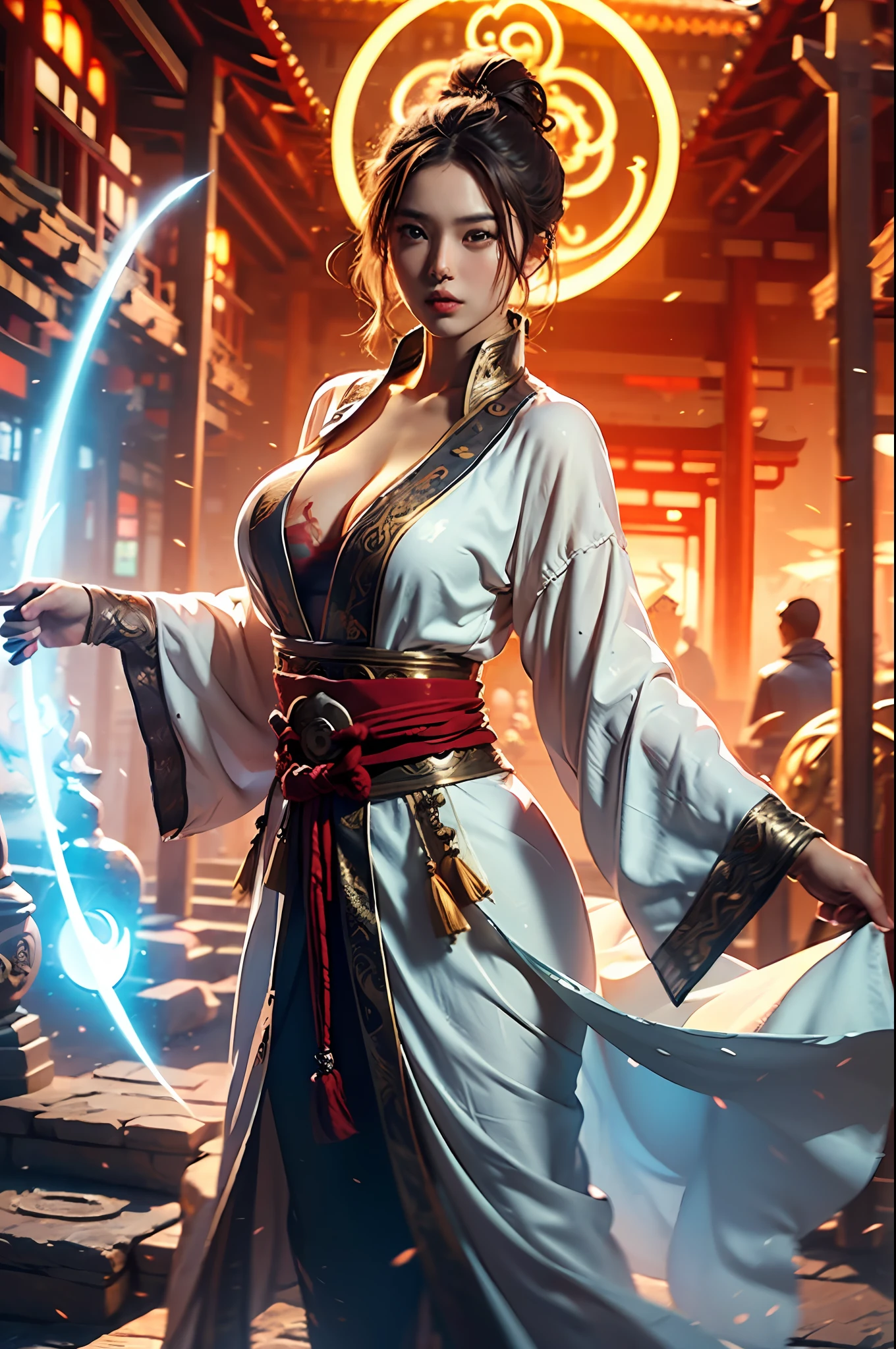 Best quality,masterpiece,ultra high res,(photorealistic:1.4),xiuxian,weapon,Detailed face,
1girl,solo,weapon,cleavage, big breasts,(magic circle:1.2),xiuxian,upper body,Beautiful girl,full body,east asian architecture,sheath,architecture,