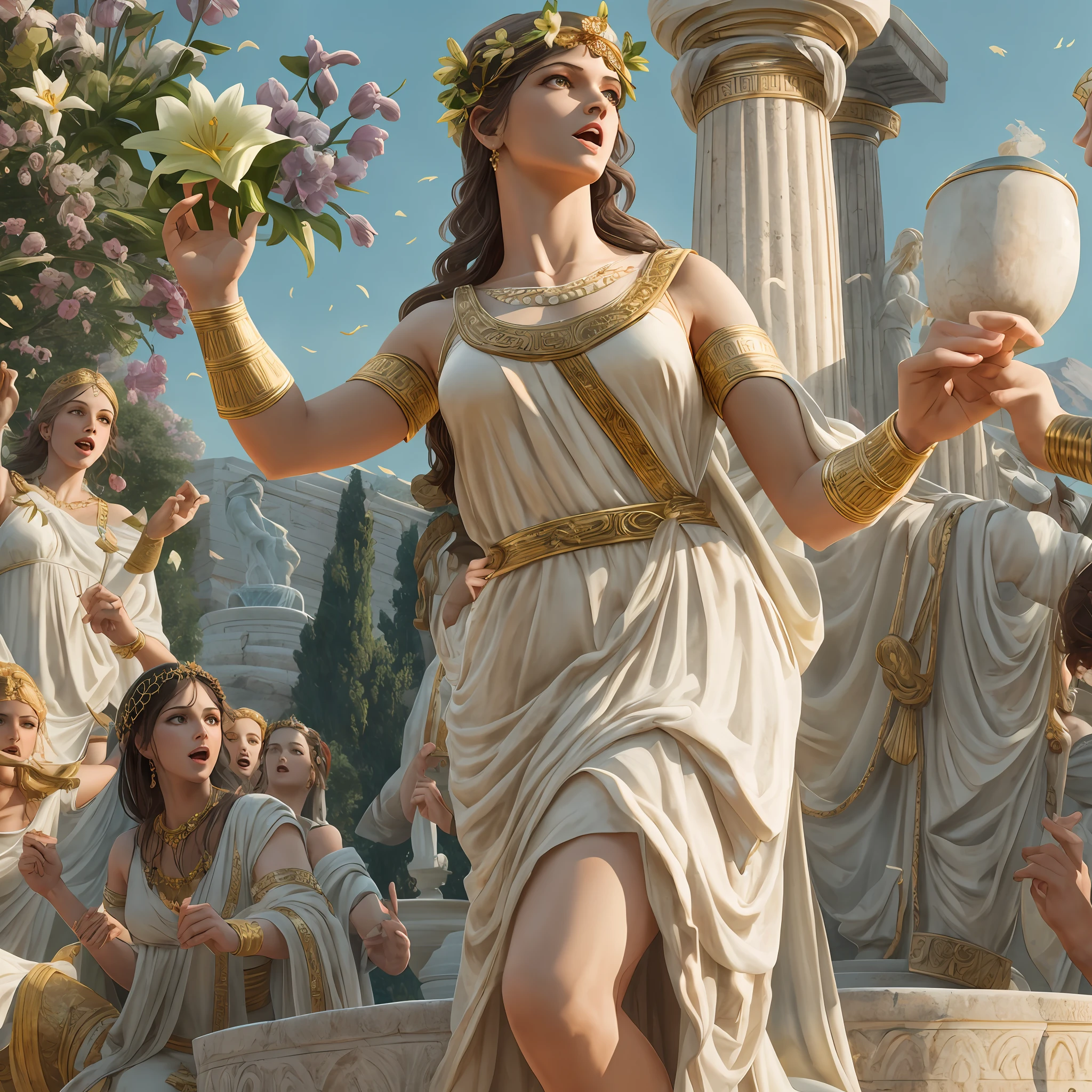 9 greek goddess of arts, fair skinned, in greek toga, singing and dancing happlily, ancient Parnassus, ancient Helikon, fountain of Kastalia, Greek Mythology, poetic and idyllic atmosphere, photorealistic, super detail, description of ultrra-accurate hands, masterpiece, best quality, highres, 8k