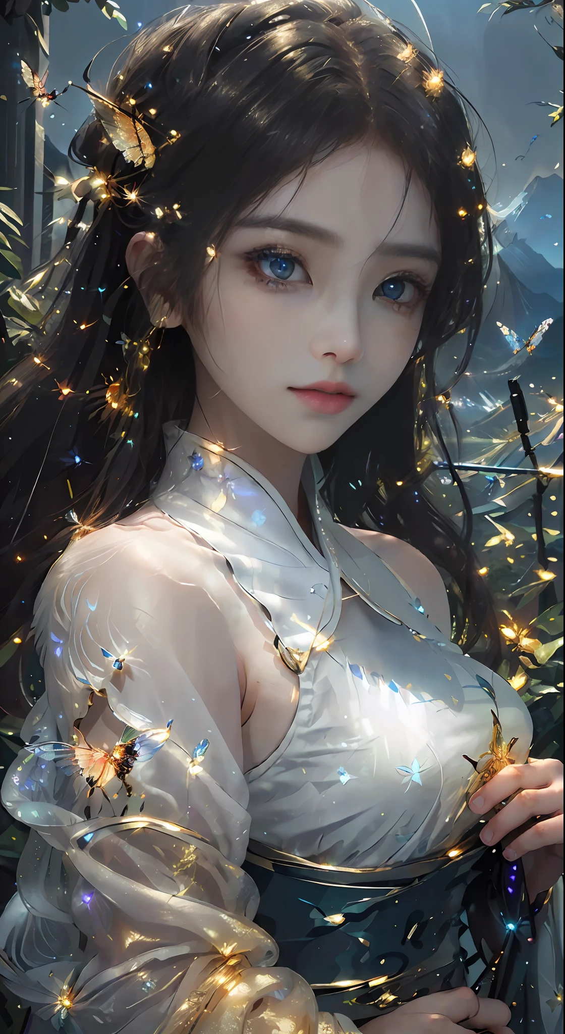 best quality, masterpiece, highres,
1girl, Detailed face, (Upper body:1.6), Cyber cities, mountains and rivers, night, firefly lights, Realistic, rich in detail, (White hanfu:1.2), (beautiful body:1.4),