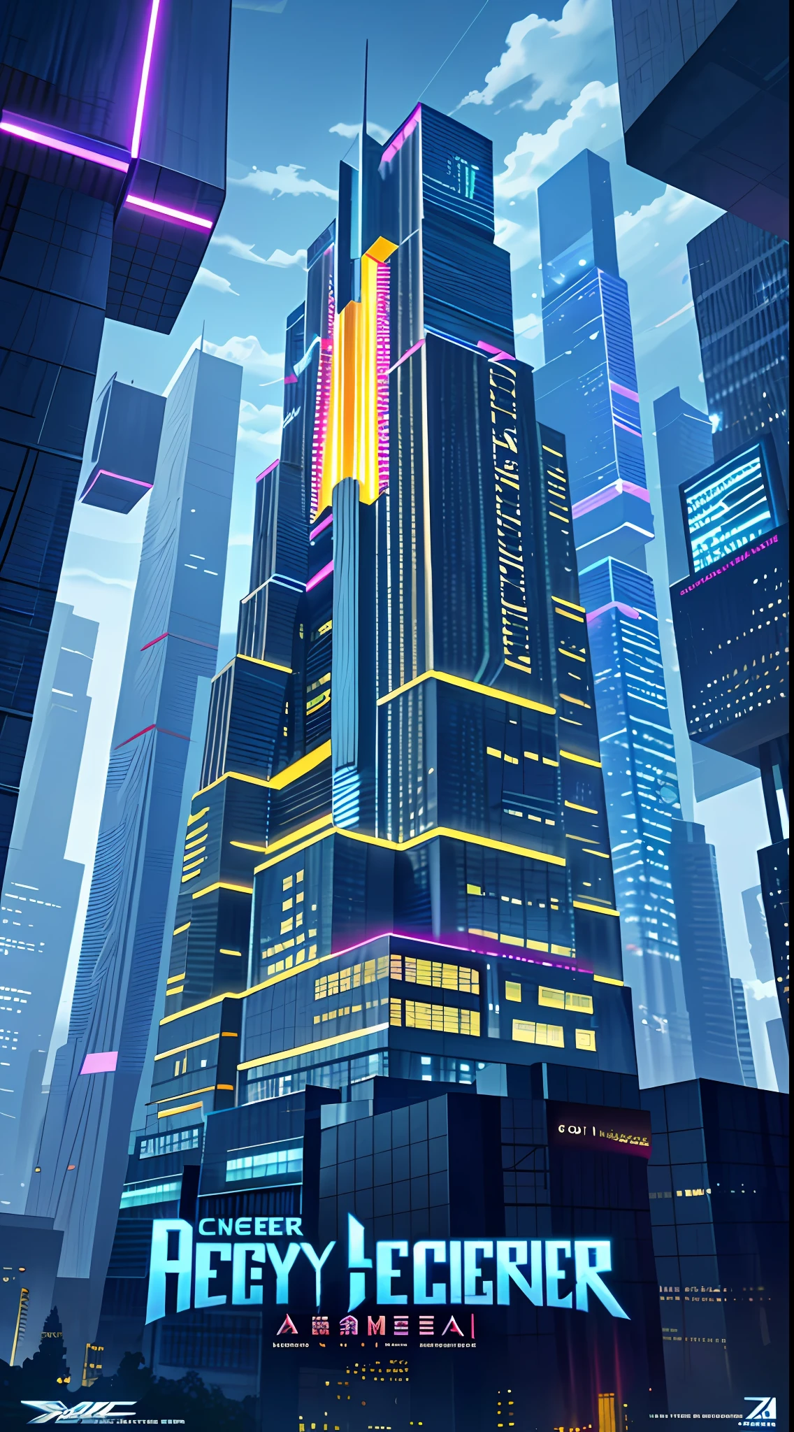 A building, Technology elements，Cinematic images, poster for, promotional movie poster, Cyber City, cyber space