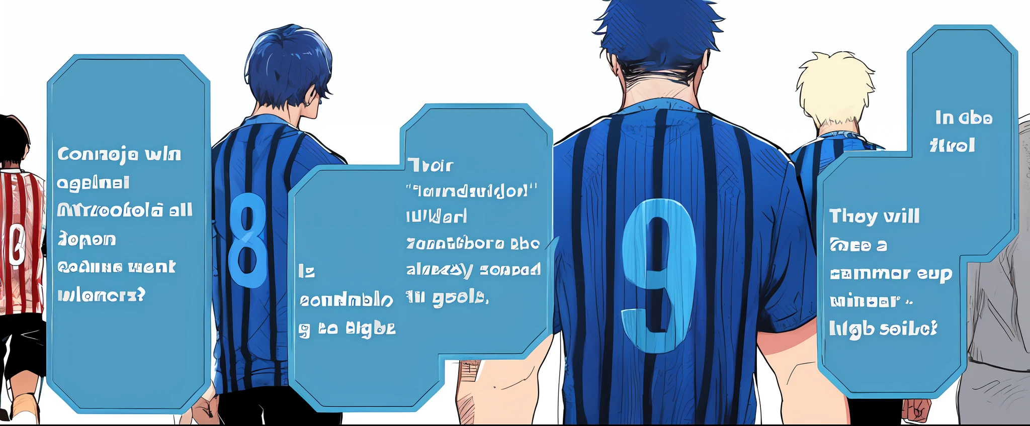 boys, soccer player, strip blue uniform, from behind, behind, from back, text bubble speech, color manga, manga color, color manga, color manga panel, simple background, a white background