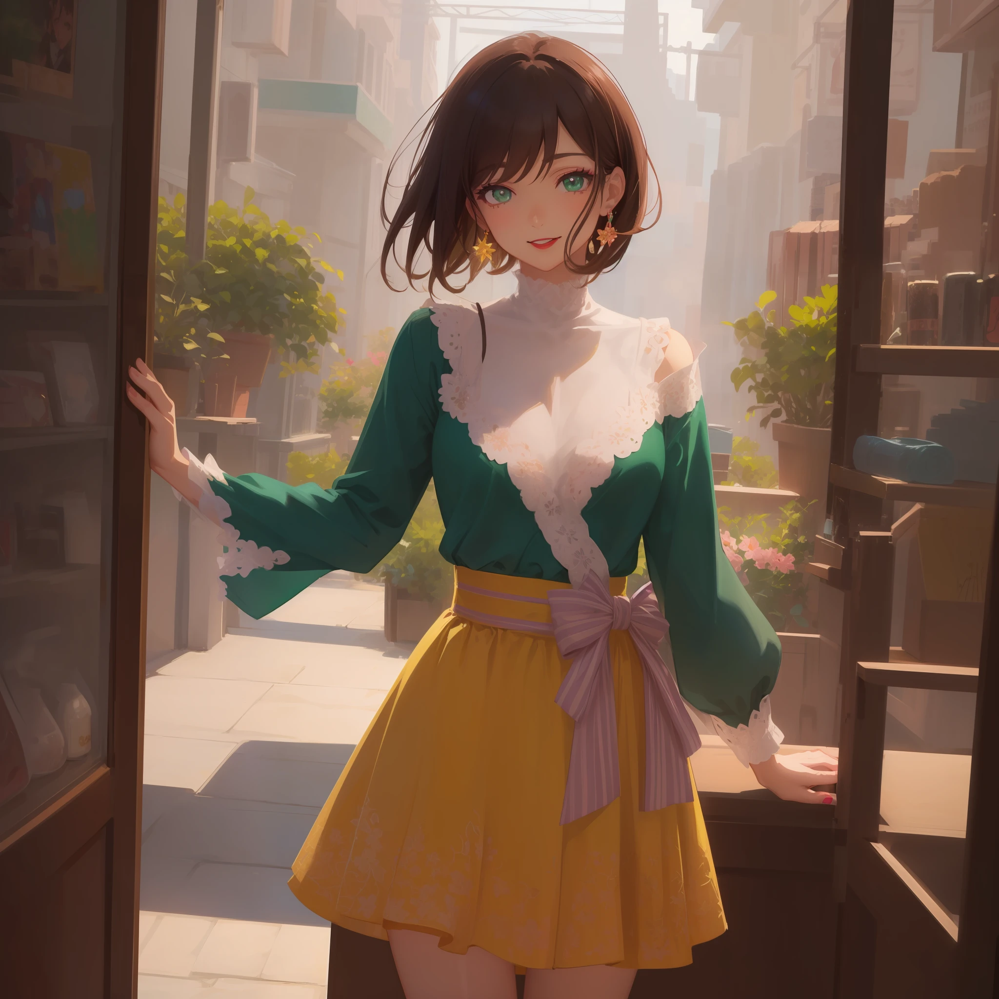 masterpiece, of the highest quality, Super Detail: 1.6), Illustration, (Solo, One woman, Beautiful detailed eyes: 1.2), (masutepiece, of the highest quality, Super Detail: 1.6), Illustration, Best Quality, Dynamic Range, Bokeh, Indoors, very short hair shorter than shoulder, Brown hair, tuck one side hair behind ear, Green eyes, Looking at Viewer, Smile, cheerful woman, Anime, (masutepiece,Best Quality,Ultra-detailed:1.6), (lip, nose, tooth, rouge, lipstick, eyeshadow:1.4), (blush:1.2), (jpeg artifacts:1.4), (depth of field, bokeh, wearing light green long sleeves, long skirts, high neck blouse, front view, frontal face, from front,