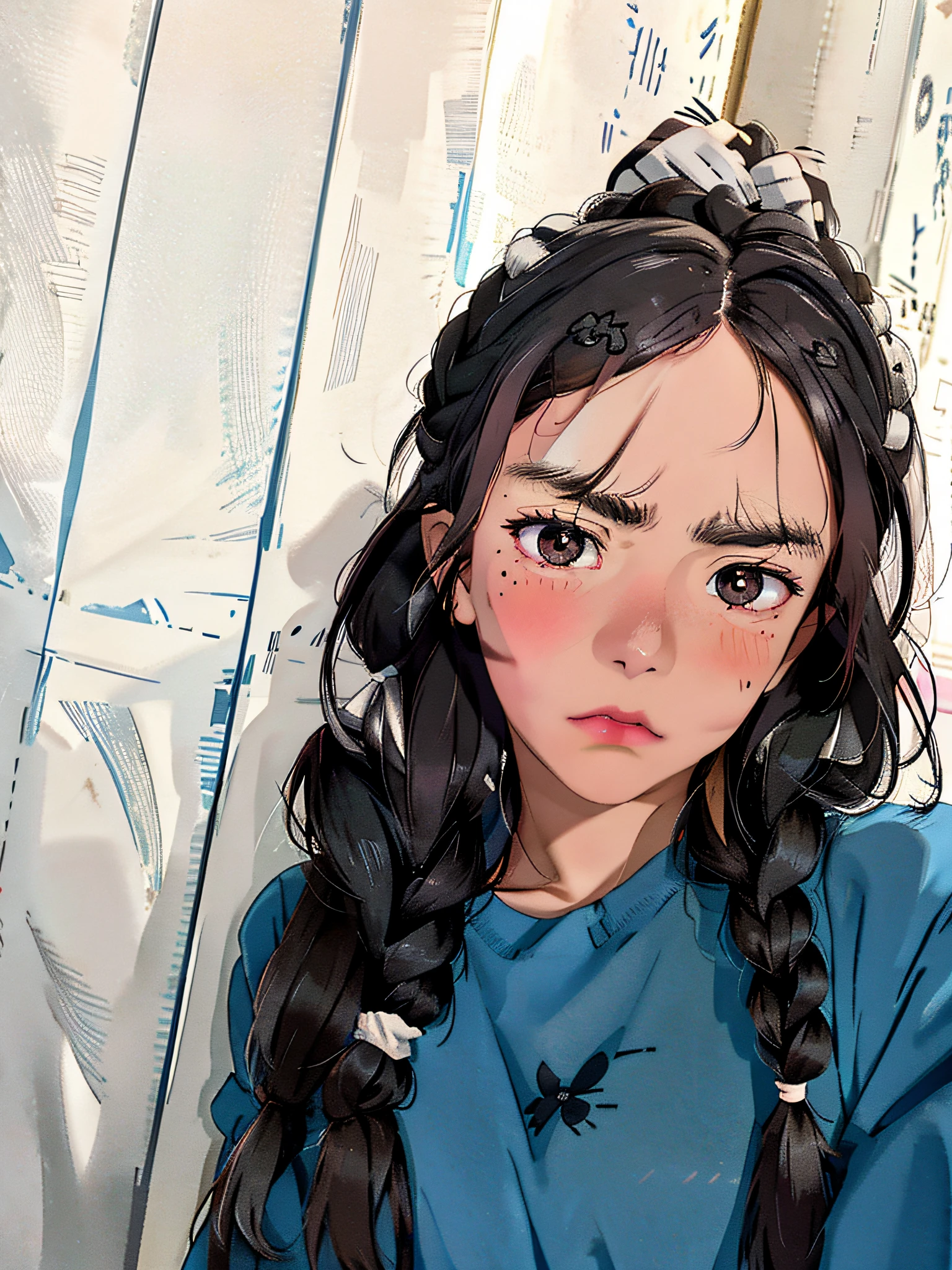 braid, ponytail, mole under eye, hollow eyes, angry, ear blush, flustered, high detail, UHD