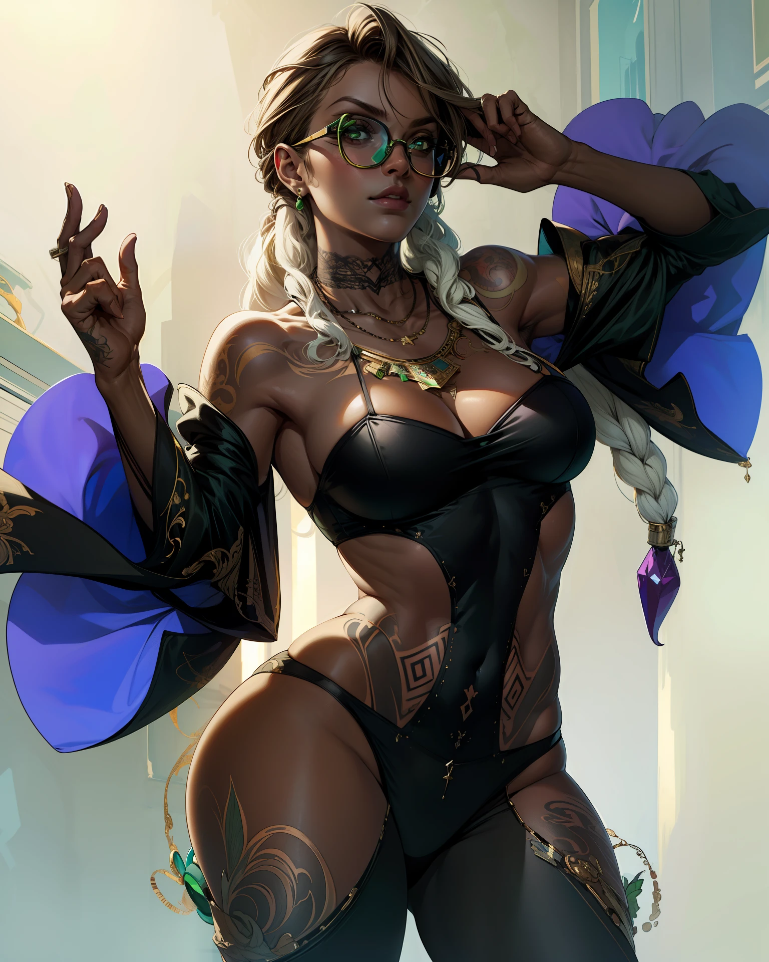 (masterpiece, best quality, high resolution, unity 8k wallpaper, extremely detailed CG:1), (illustration:1.0), 1girl, doloresms, 1girl, tattoo, glasses, green eyes, cleavage, black panties necklace, detached sleeves, bare shoulders, round eyewear,