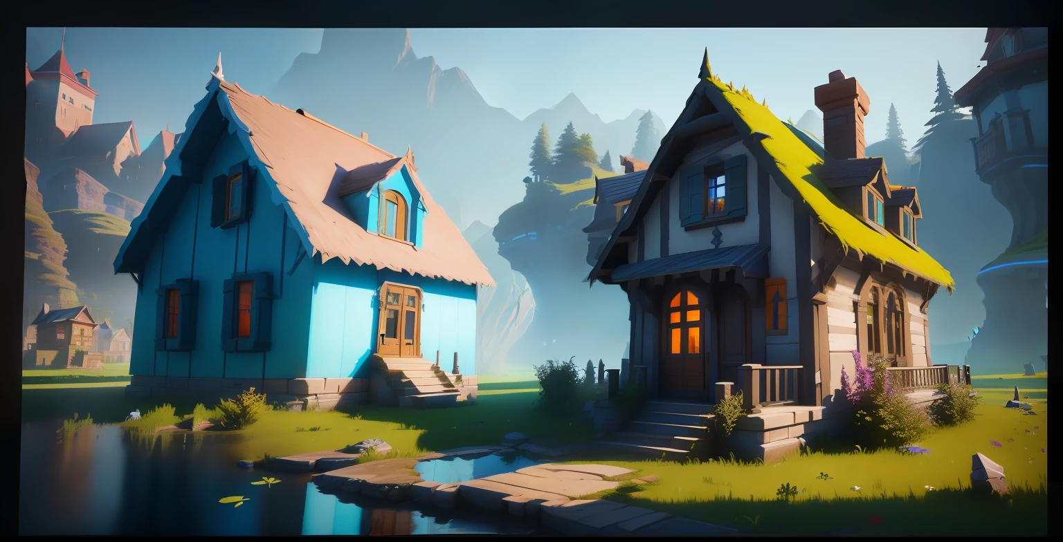 Close-up of a small house with many windows, Stylized concept art, painted as a game concept art, 3 d render stylized, colorful warcraft architecture, by senior environment artist, fantasy house, fantasy building, inspired by senior environment artist, Stylized game art, stylized as a 3d render, stylized 3d render, concept art highly detailed,A house by the lake,Behind is an empty forest