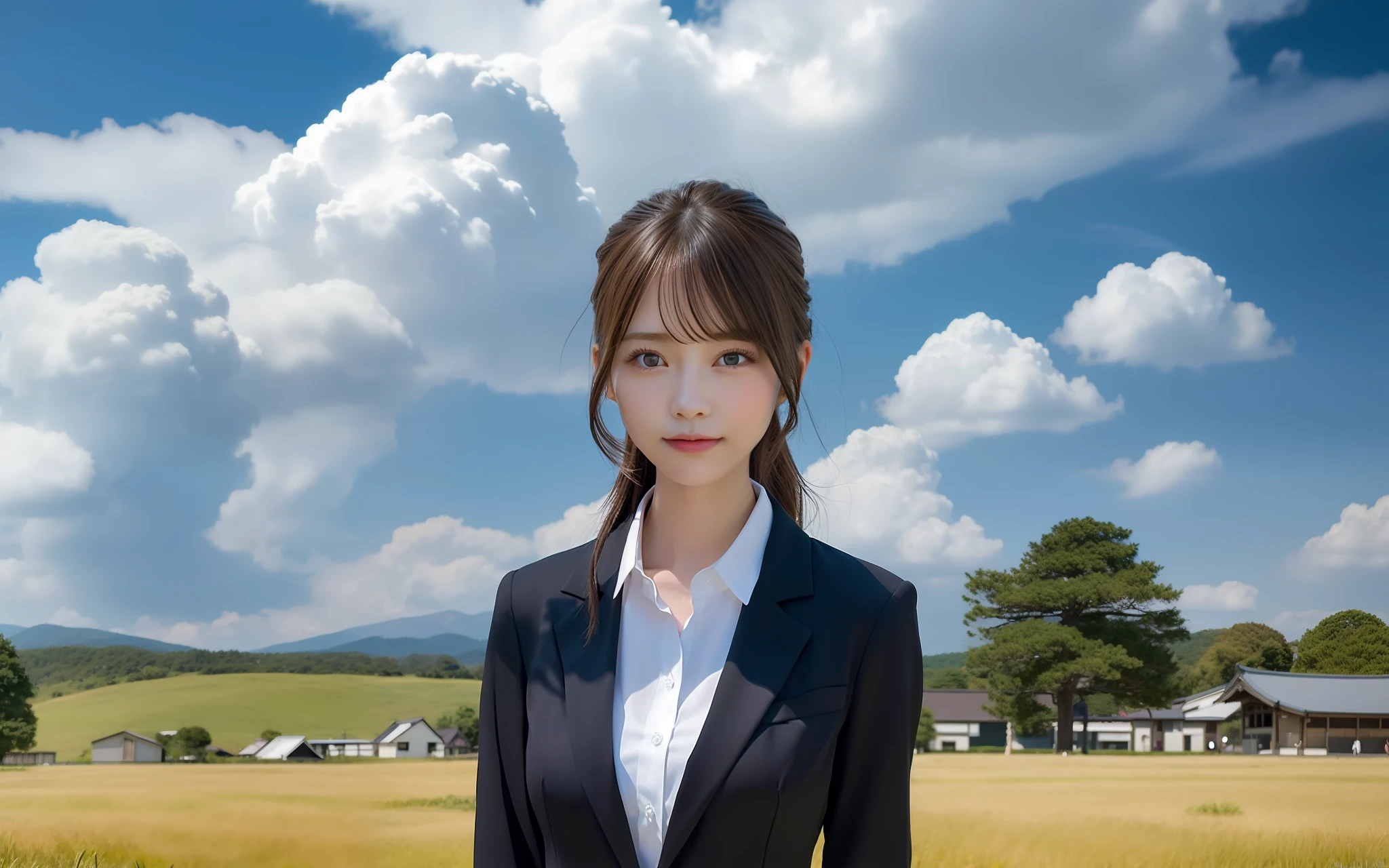 There is a woman in a suit standing in a field, A smile , Cinematic lighting ,Summer in Japan ,  (masutepiece), Realistic, (25 years old female), large full breasts , Beautiful face, wearing black suit , Beautiful woman, Beautiful black eyes, I blew my hair out in a short ponytail, Perfect Anatomy, Sad face, Princess Eyes , (Black eyes), (Head frame), Center Image, Style, 8 life-size, 8K resolution, Human Hands, Curiously complete, Elegant, close to perfection, Highly detailed, Character Sheet, Concept art, Smooth, Their bodies are symmetrical and、Positioned to balance directly towards the viewer, amazing Incredibly beautiful 20-something japanese girl, Detailed hairstyles,
