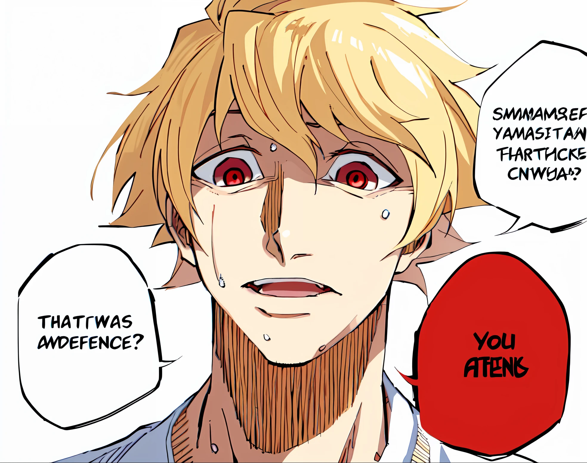 a anime of a man with blonde hair, close up, red eyes, white shirt, sweat, sweatdrop, open mouth, text bubble speech, color manga, manga color, color manga, color manga panel, simple background, a white background