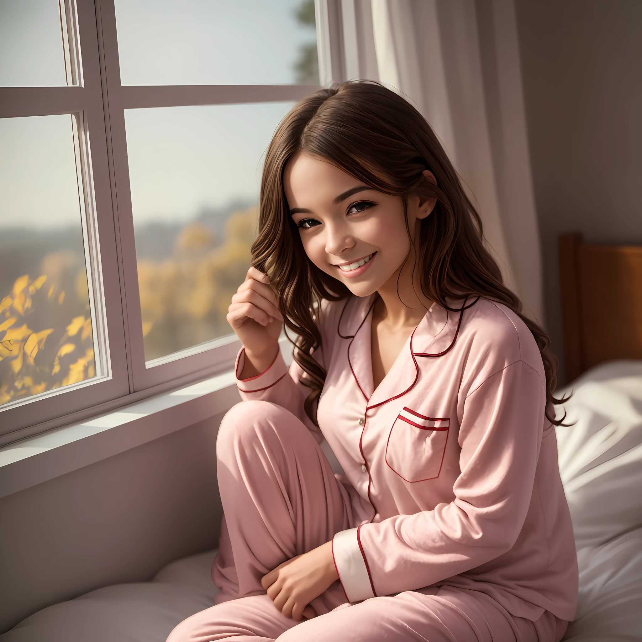 a photo of a. early morning. Beautiful girl in pajamas sitting on bed by the window. A happy smile on his face. The sun's rays from the window fall on the girl --auto