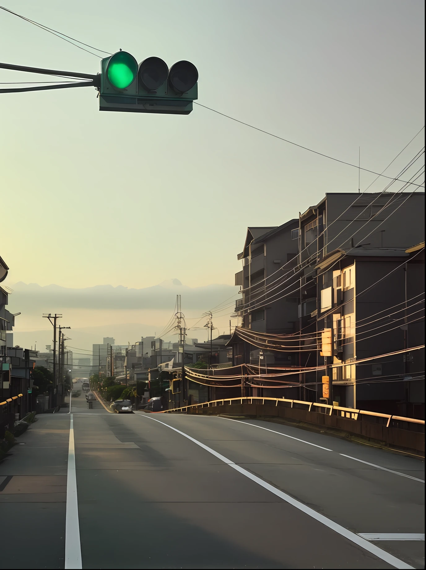 Green light on street corners in the city, Residential area, golden hour in tokyo, Evening glow, Light at dusk, japanese street, early morning, Empty cityscape, Late afternoon lighting, japanese town, japanese rural town, japanese neighborhood, early evening, Late afternoon light、Remove wires from traffic lights、Ox carts on the road