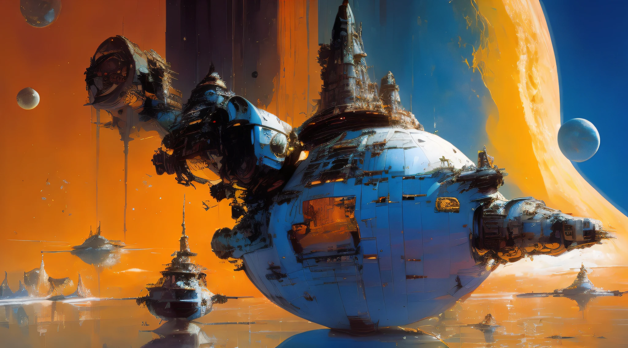 by John Berkey satellites in space orbit around the Earth, John Berkey space art style cinematography, atmospheric, photorealistic, elegant composition, Depth of Field, DOF, Tilt Blur, White Balance, 32k, Super-Resolution, Megapixel, ProPhoto RGB, VR, Halfrear Lighting, Backlight, Natural Lighting, Incandescent, Optical Fiber, Moody Lighting, Cinematic Lighting, Studio Lighting, Soft Lighting, Volumetric, Contre-Jour, Beautiful Lighting, Accent Lighting, Global Illumination, Screen Space Global Illumination, Ray Tracing Global Illumination, Optics, Scattering, Glowing, Shadows, Rough, Shimmering, Ray Tracing Reflections, Lumen Reflections, Screen Space Reflections, Diffraction Grading, Chromatic Aberration, GB Displacement, Scan Lines, Ray Traced, Ray Tracing Ambient Occlusion, Anti-Aliasing, FKAA, TXAA, RTX, SSAO, Shaders, OpenGL-Shaders, GLSL-Shaders, Post Processing, Post-Production, Cel Shading, Tone Mapping, CGI, VFX, SFX, insanely detailed and intricate, hypermaximalist, elegant, hyper realistic, super detailed, dynamic pose, photography cinematic, intense, cinematic composition + intricate detailed, cinematic lighting + rim lighting + color grading + focus + bokeh, 1X + Unsplash + 500px, taken by Canon EOS R5 RF85mm F1.8 MACRO lens 1/100sec