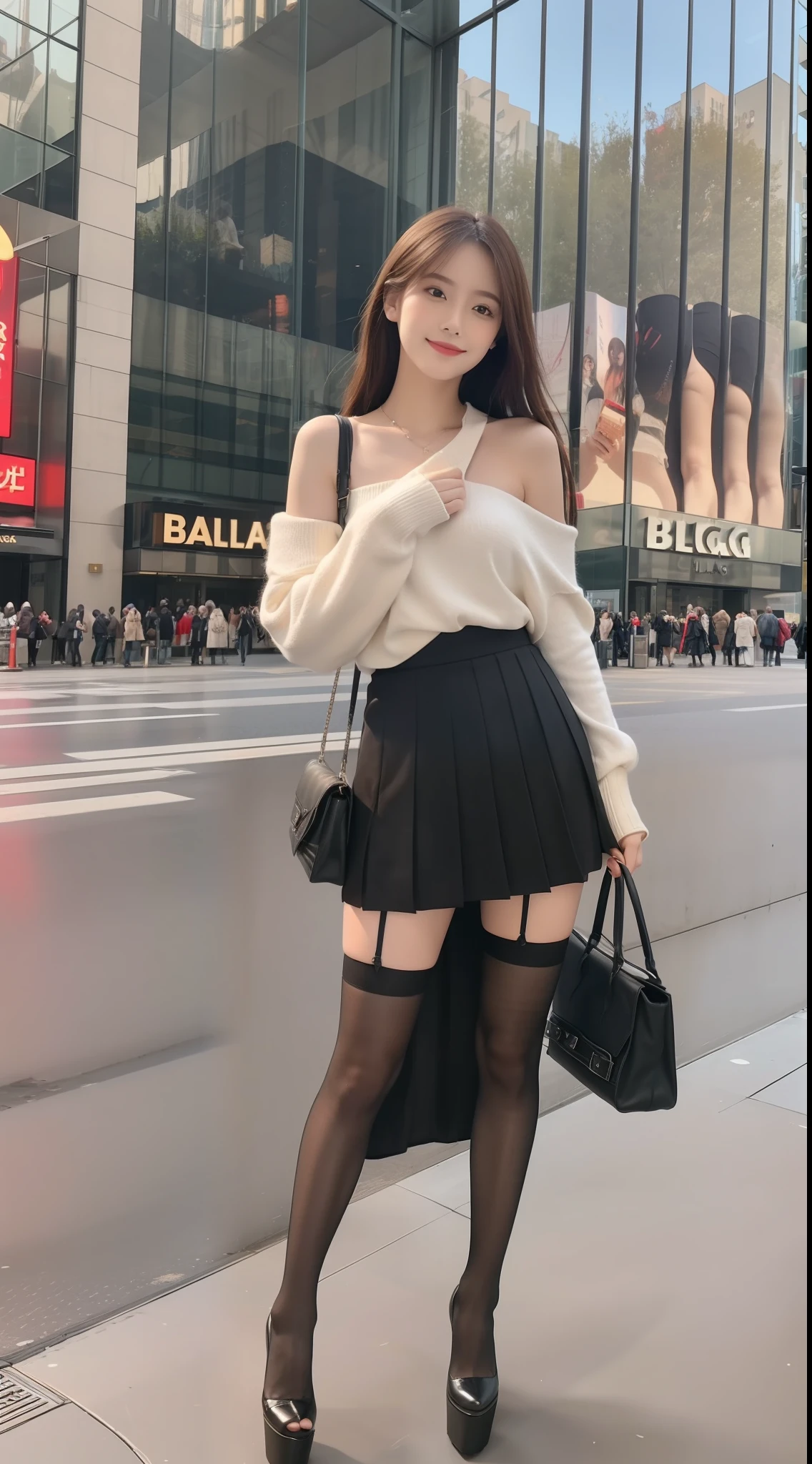 (true to life,Photorealistic 1.5),((best qualtiy, 8K, tmasterpiece:1.3)), (二重まぶた,largeeyes:1.3),(smile1.5),(Full body photo 1.5)(One person 1.5)Clear focus 1.2, Perfect body beauty:1.4 , Delicate skin1.1,(Long brown hair 1.5),(Delicate facial features1.4),(Pure desire 1.3)(Black Balenciaga stockings 1.5)(Balenciaga stockings,1.5),Black one-shoulder sweater,a black pleated skirt,Slender legs,platform high heels,standing in time square