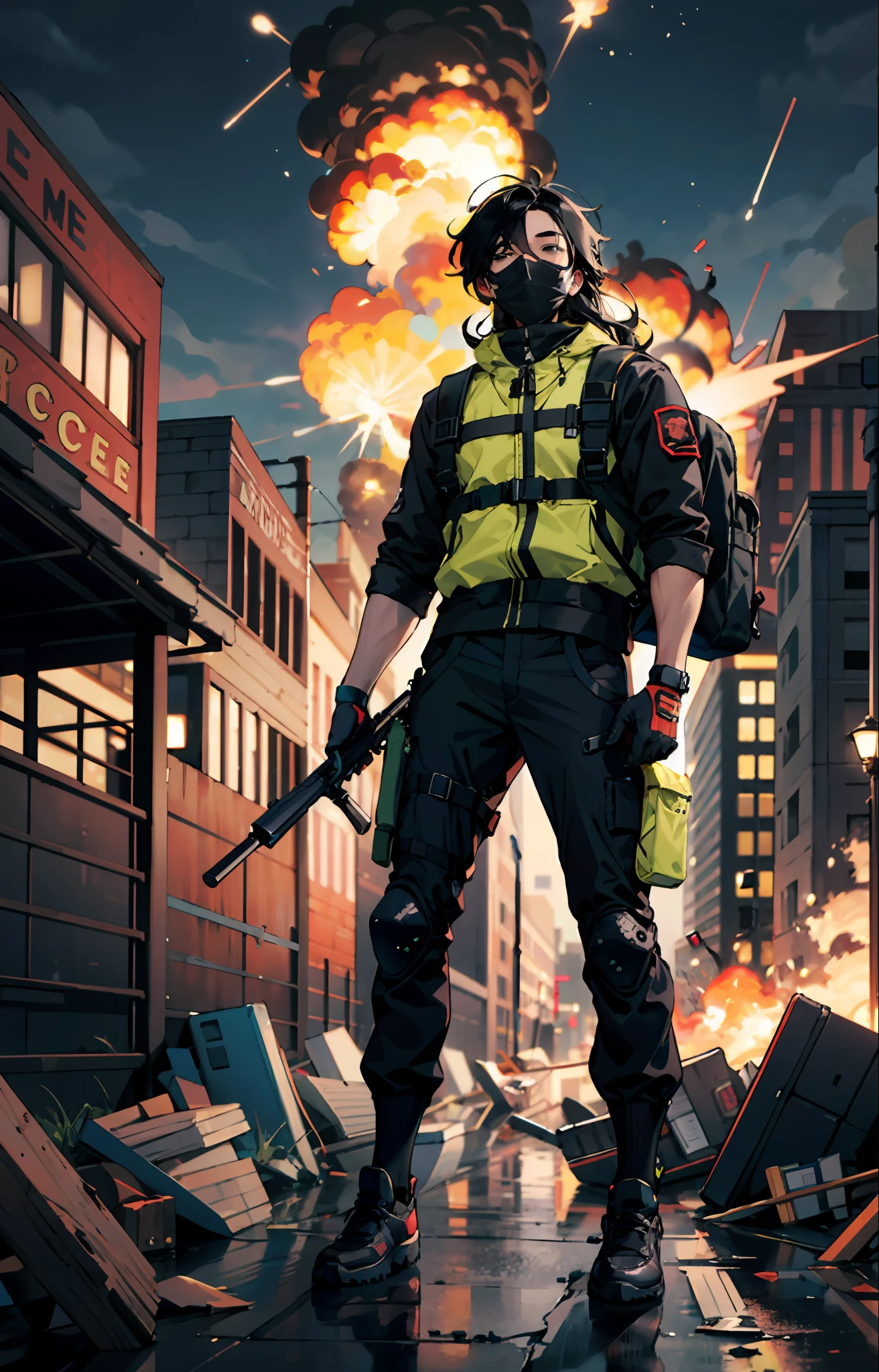 masterpiece, top quality, best quality, simple lines, male, teen man, young man, man of 16, extreme detailed, colorful,highest detailed, black hair, long hair, wavy hair, black eyes, destroyed city, backpack, wind, protective clothing, zombie apocalypse, full body, tech wear, muscular, military gloves, black mask on face, fixed eyes, black clothing, lifeless eyes, explosion in background