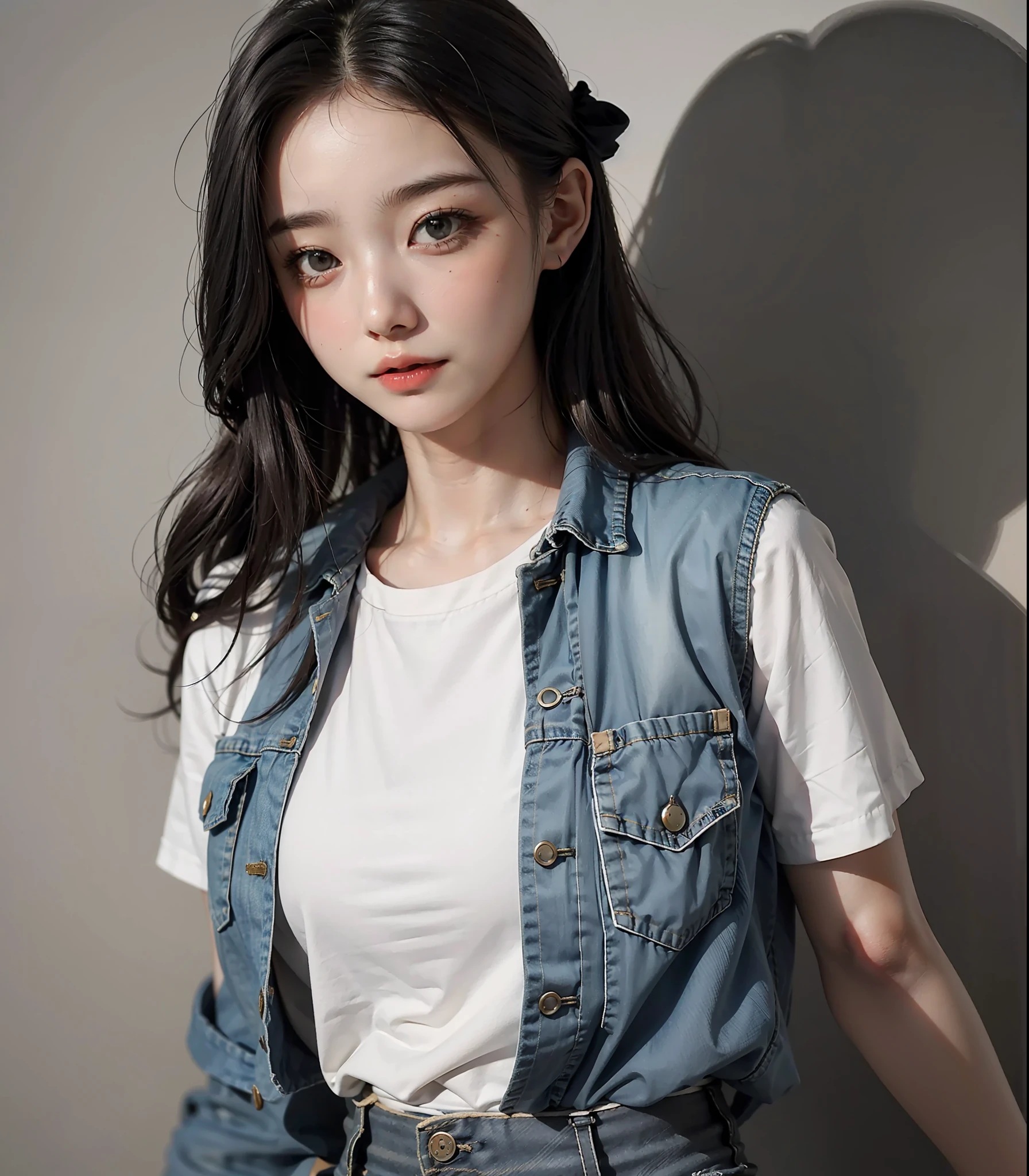 best qualtiy, bust，Refined face，18-year-old girl，Slim body，Smaller bust，whitet-shirt，short denim skirt，solid color backdrop，Taken with the original camera
