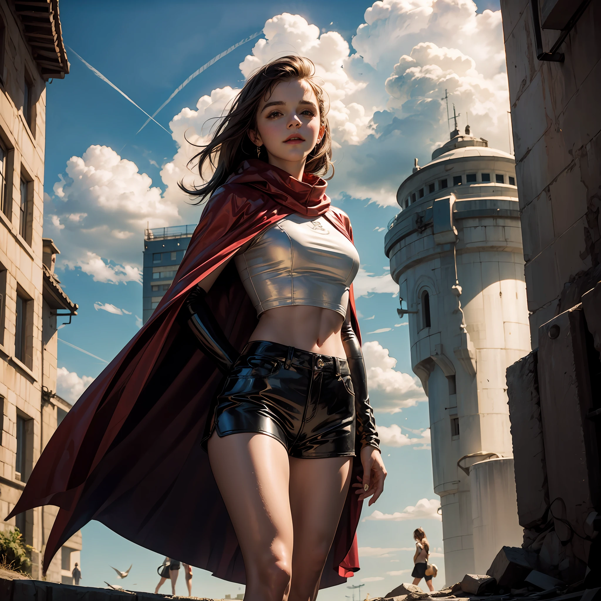 a beautiful teen emma watson as a super heroine emerges from the clouds. with a gentle smile her vibrant and youthful features create a striking ethereal beauty. Her latex shorts and crop top adheres to her skin, black and shiny, contours her sexy body. She looks at the city below. red cape.