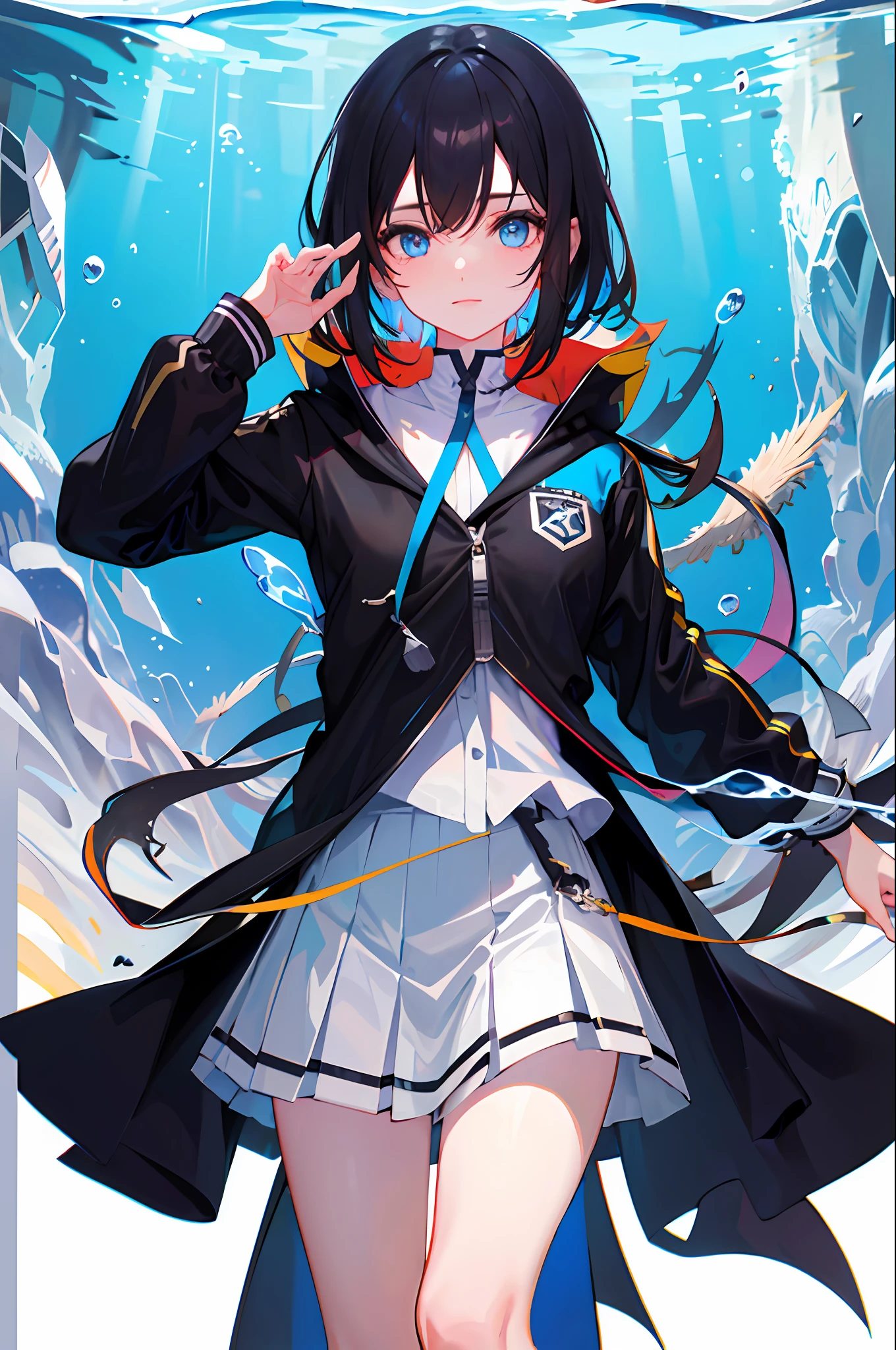 ((top-quality)), ((tmasterpiece)), ((ultra - detailed)), (Extremely Delicately Beautiful), Girl vs, 独奏, Cold attitude,((Black jacket)),She is very(Relax)with the(Settle down)looks,brunette color hair, depth of fields,evilsmile,Bubble, Under the water, airbubble,bright light blue eyes,inner colored,Black hair and light blue ends,Cold background,bob hair,A miniskirt