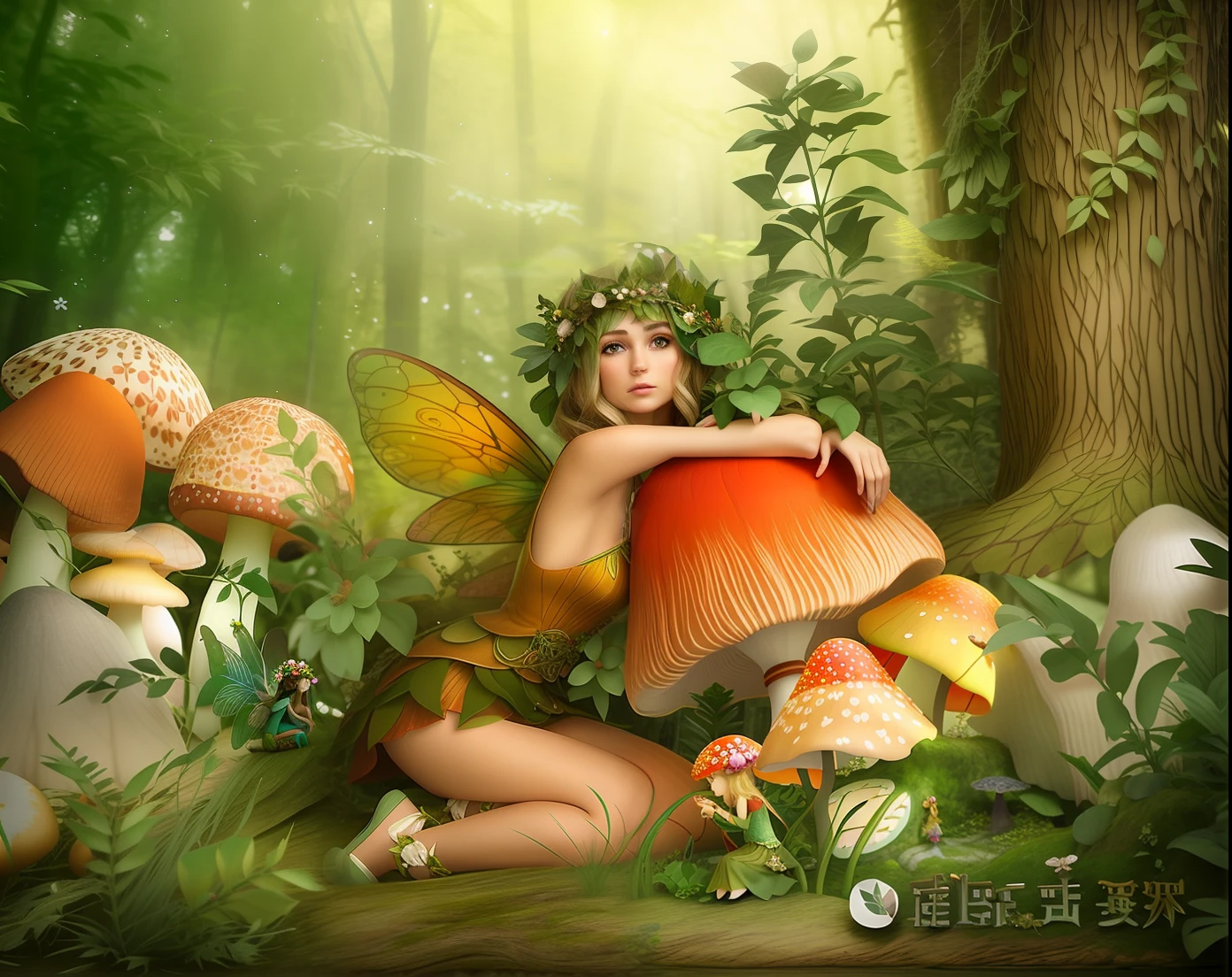 There was a woman sitting on a mushroom-covered ground,Wearing a flower crown, forest fairy, forest fae, fey queen of the summer forest, stunning 3d render of a fairy, faeries, fae age girl, fairy tale forest, beautiful fairie, fae, beautiful fairie, faeries, realistic fantasy rendering, magic fairy forest, beautiful adult fairy