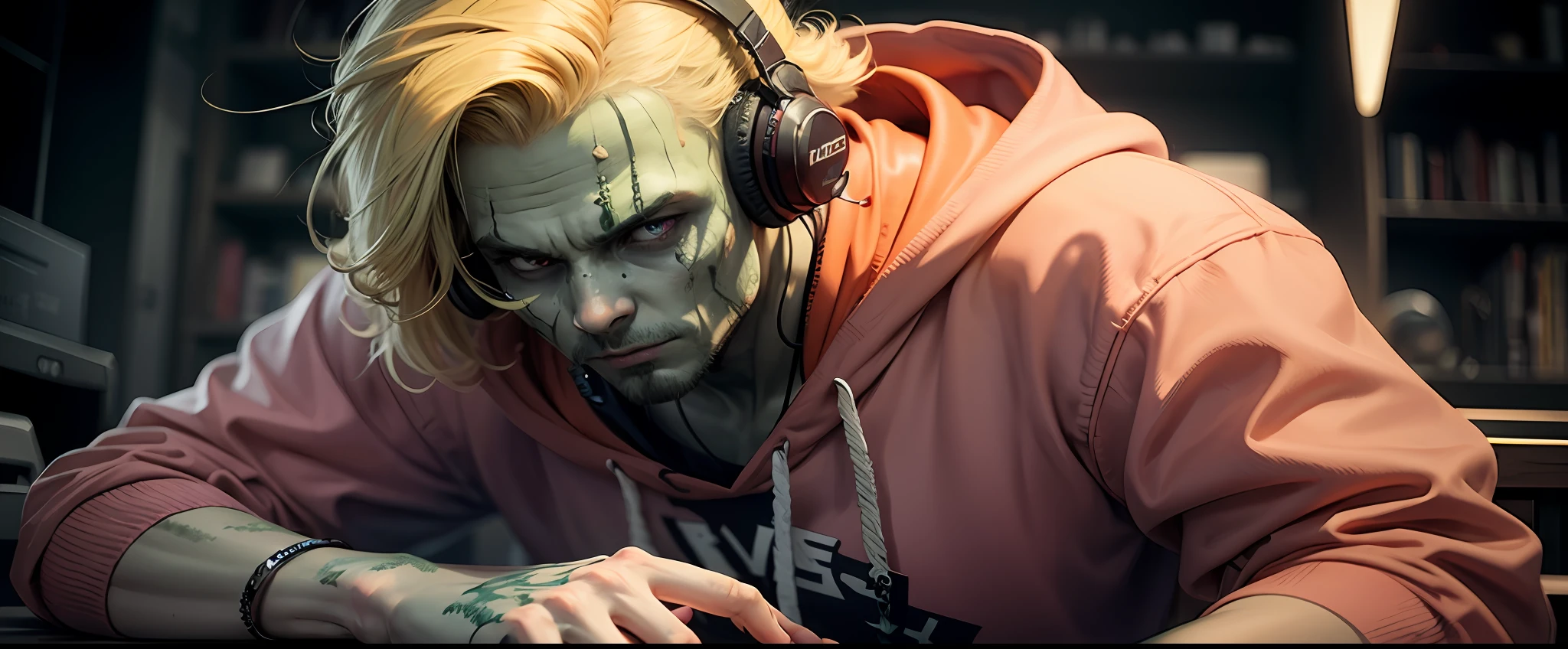 Zombies Photorealistic Green Skin Green Hands Gameplay PC Blonde Hair Pink Hoodie Men Orange Headphones
