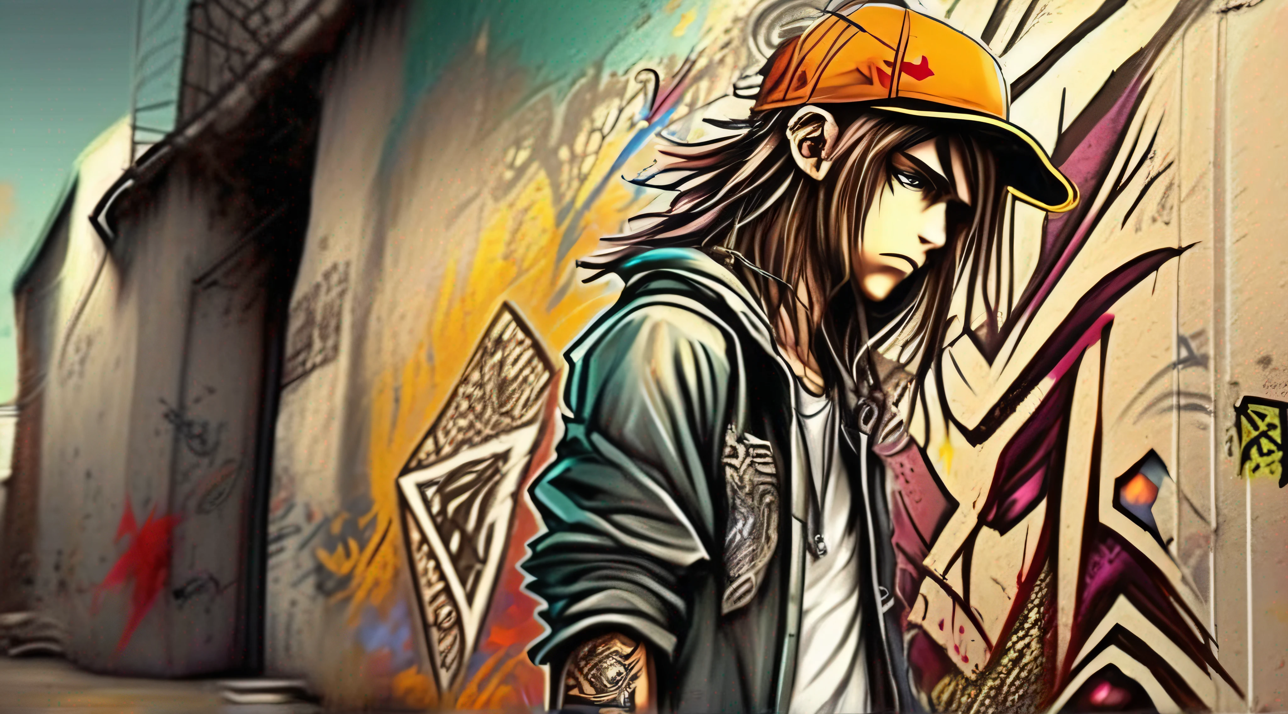 Estilo Anime, obra prima, ((--1 boy --long hair --cap turned --baggy skateboarder-style clothes --tribal tattoos --steampunk --spray can in hand)) --apreciando parede, (((( Street Art Graffiti)))) --parede desgastada --grafite semi terminado, --grafite na parede --desenho estilo Tarsila do Amaral, --rua movimenta --noite --movimentada --hora do rush --carros --pessoas --semaforo --faixa de pedestres, detalhes intrincados, in action, perfect features, Dramatic, Cinematic lighting, Highlight lighting, SSAA, smooth rendering, no noise --testp --ar 2:3 --video --no lazy prompts