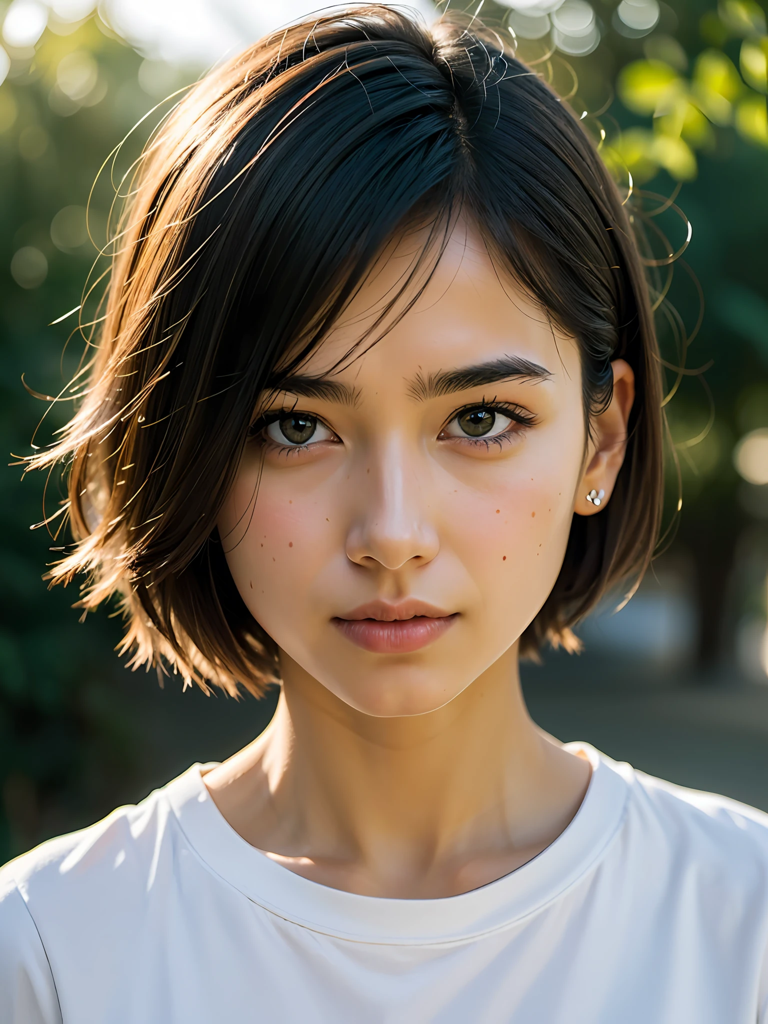 Best quality, masterpiece, ultra high res, (photorealistic:1.5), raw photo, 1girl, short hair, ear, shirt, bright, get enough light, Light shining on the face