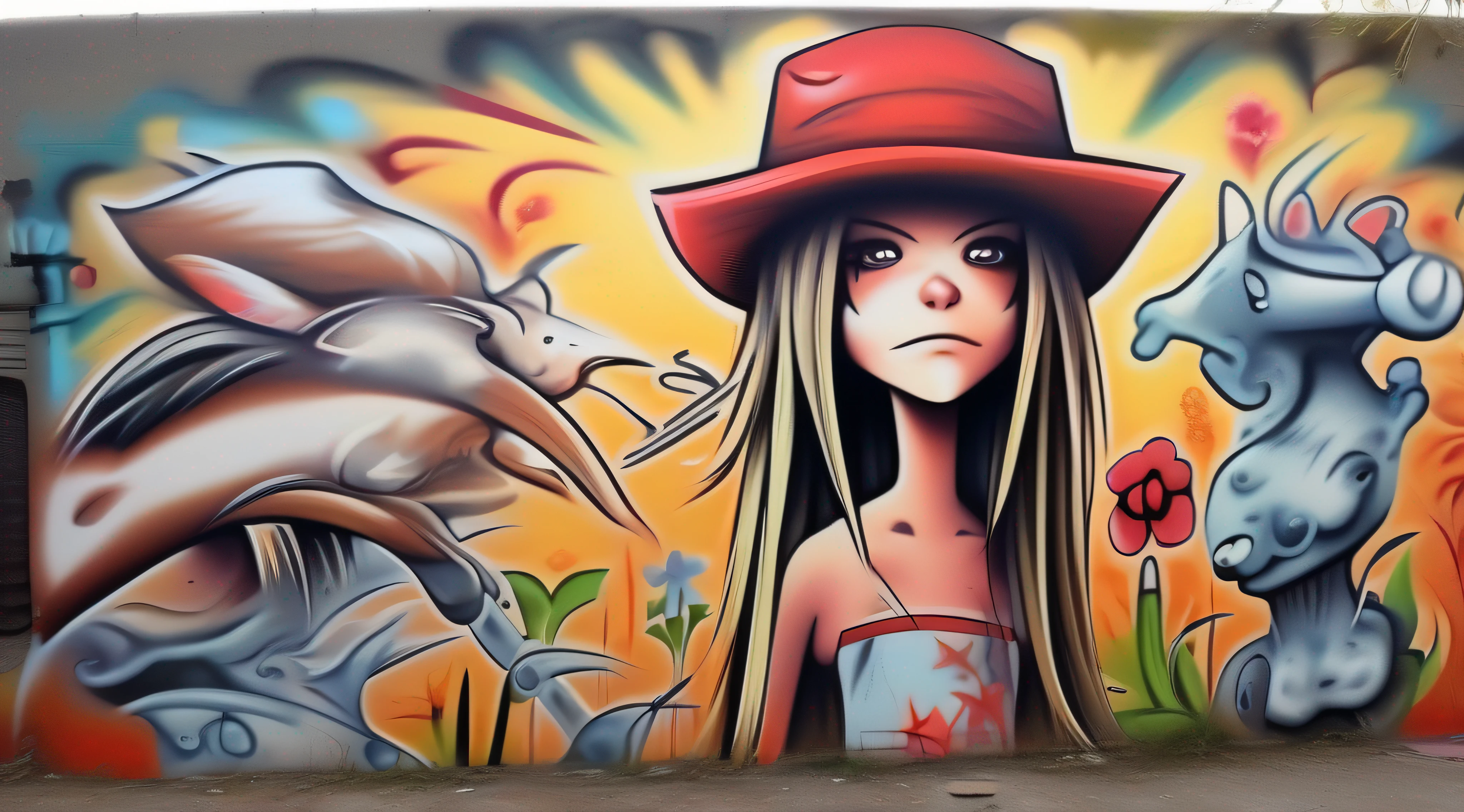 Estilo Anime, obra prima, (( ((((--1 garoto)))) --long hair --straw hat --hillbilly clothes --tattoos of farm animals --hillbilly --spray can in hand)) --apreciando parede, ((((( Street Art Graffiti))))) --parede desgastada --grafite semi terminado, --grafite na parede --desenho estilo Tarsila do Amaral, --quiet street --day --quiet --wagons --chickens --bush --dirt street, detalhes intrincados, in action, perfect features, Dramatic, Cinematic lighting, Highlight lighting, SSAA, smooth rendering, no noise --testp --ar 2:3 --video --no lazy prompts