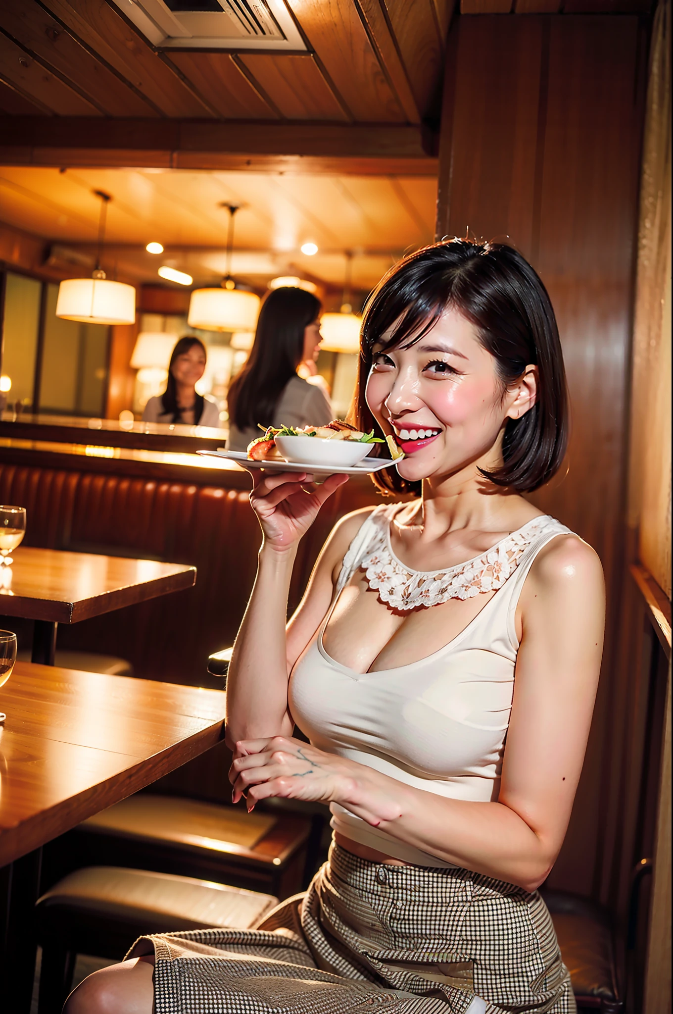 best qualtiy、masterpiece、fidelity:1.3、超A high resolution、(Photorealsitic:1.4)、1 Most Beautiful Mature Woman in Japan(Obscene big breasts:1.4、Bob Hair)、Mature obscene body、Obscene mom、The ultra -The high-definition、Bursting smile、Perfect Style、Eating at a restaurant、Obscene smile、Body shape like a gravure idol、Eroticism that everyone looks back on、White blouses、Black fluffy flared skirt