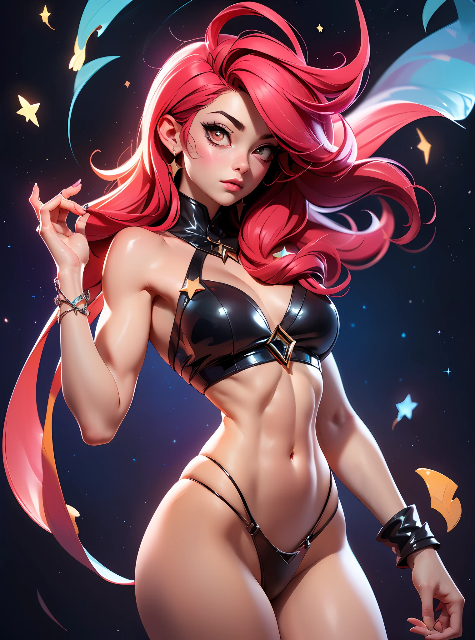 ((Best Quality)), ((Masterpiece)), ((Realistic)) and watercolor drawing  of a girl with goth colors. She has ((ruby hair)), wears a (small black micro-thong:star motif ) , ((beautiful and aesthetic)), muscular fit body abs, sexy, under-boobs, hot, (star filled sky background) (clear background:1.35), (particles ,firefly, blue glowing):1.3,