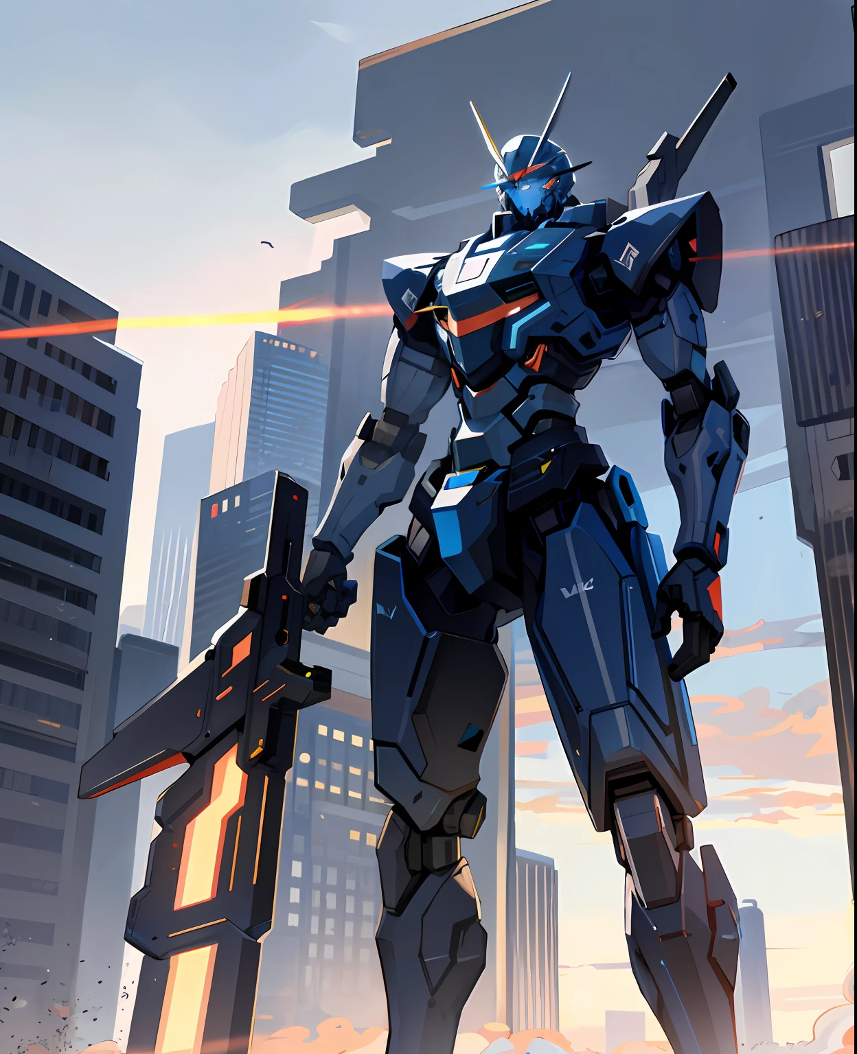 sky, cloud, holding_weapon, no_humans, glowing, , robot, building, glowing_eyes, mecha, science_fiction, city, realistic,mecha