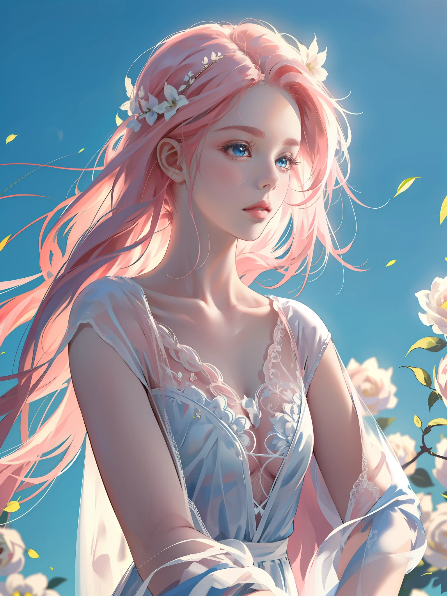 ((Masterpiece)), high quality, super detailed, pink hair + white clothing: 1.2, sweet and delicate girl, delicate facial features, perfect figure, surrounded by roses, bright bright colors, pearl white background, romantic long hair, natural light, warm and sweet, blue eyes, flower hair decoration.