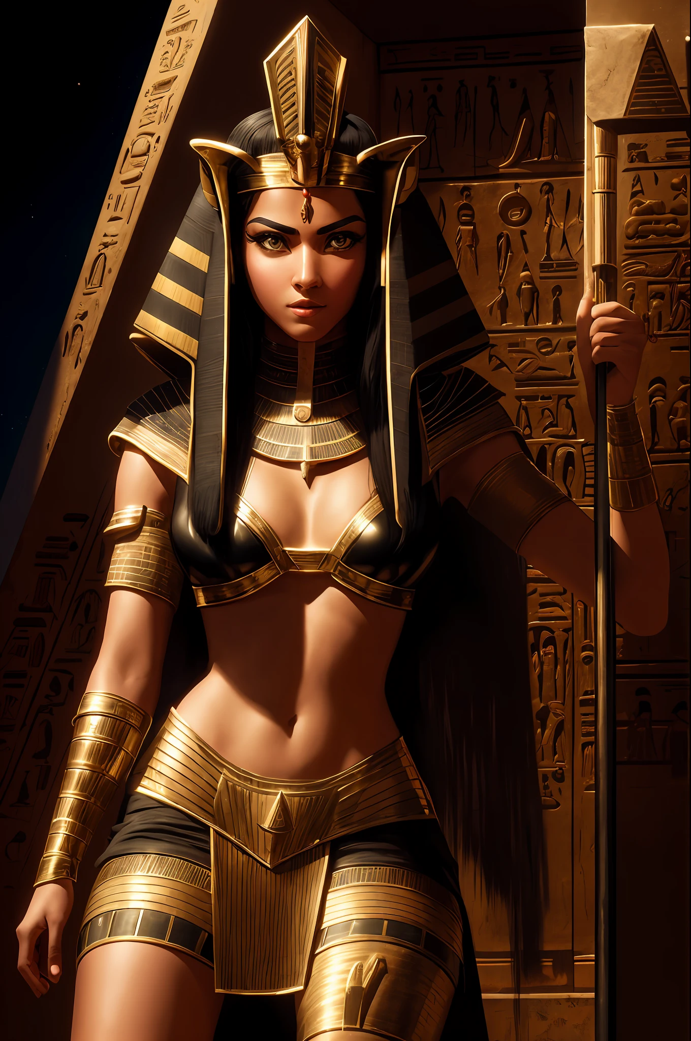 1 adult Egyptian female ,AshleyCipher, black hair flaps, makeups , upper body, looking at viewer, OldEgyptAI, ancient egyptian theme, obsidian, (defensive stance), stone knife, inside pyramid,
dark chamber, dim light, (zentangle, mandala, tangle, entangle:0.5)
(35mmstyle:1.1), front, masterpiece, 1970s film, , cinematic lighting, (photorealistic:1.5), high frequency details, 35mm film, (film grain), film noise,
