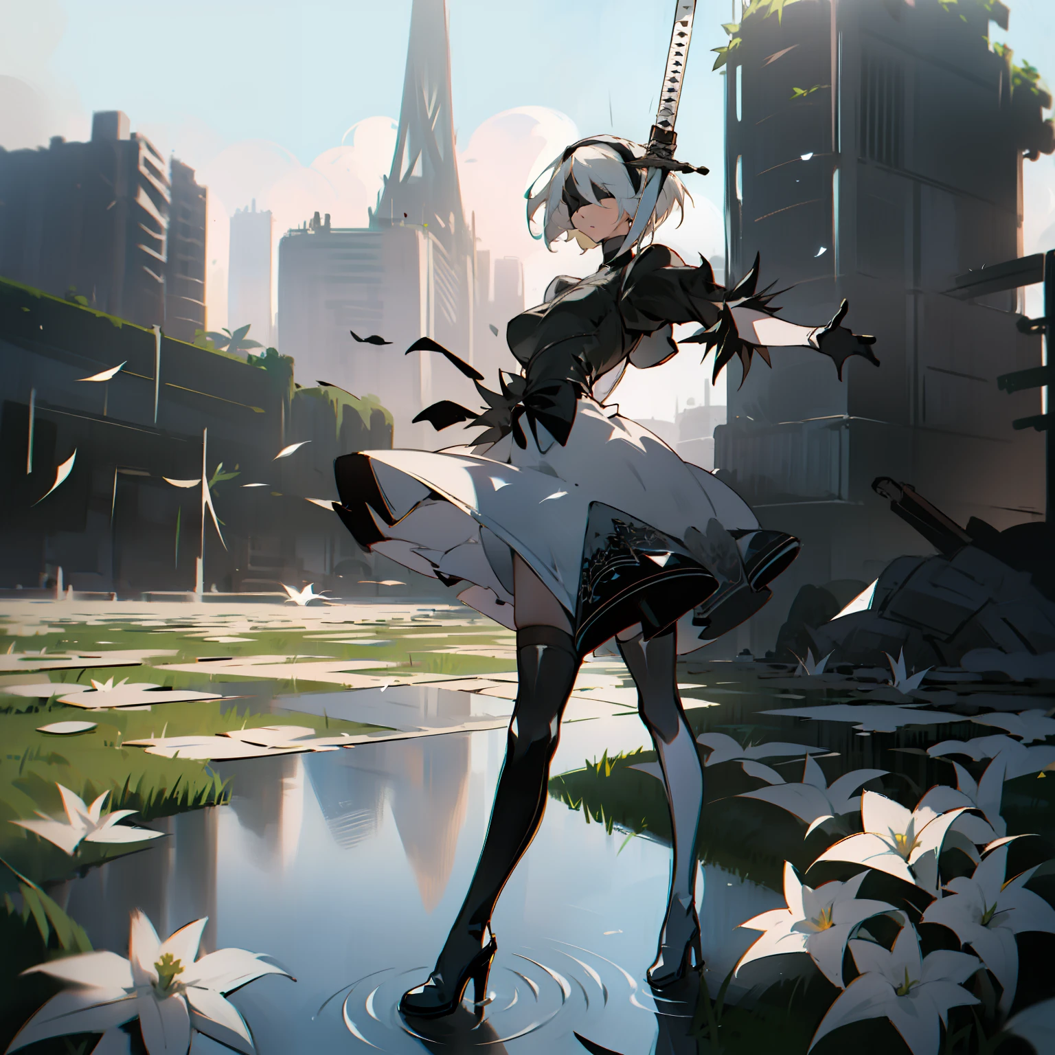 masterpiece, best quality, detailed face, extremely detailed, yorha no. 2 type b, 1girl, solo, absurdres, 8k, White hair, silver hair, black blindfold, black dress, black hairband, blindfold, eye highlights blue sky, boots, building, city, cloud, covered eyes, debris, dress, feather-trimmed sleeves, feather trim, gloves, grass, hairband, high heel boots, high heels, highres, juliet sleeves, katana, leather, leather boots, long sleeves, nier \(series\), nier automata, outdoors, overgrown, pod \(nier automata\), post-apocalypse, puddle, puffy sleeves, rubble, ruins, scenery, sky, thigh boots, thighhighs, thighhighs under boots, water, Leaves dancing in the wind, White flowers, white lilies, Flower field with white flowers in the background, Light is dancing in the air,
