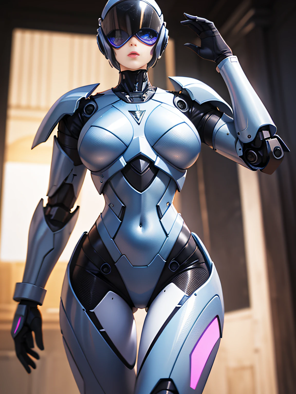 One Woman Robocop、Combat Robots、Armor that completely covers the whole body、very large chest-shaped chest armor,、Helmet to hide your eyes、Iridescent shiny armor、armor that completely covers the chest,,、Slender and long legs、Vibrant poses、full-body view