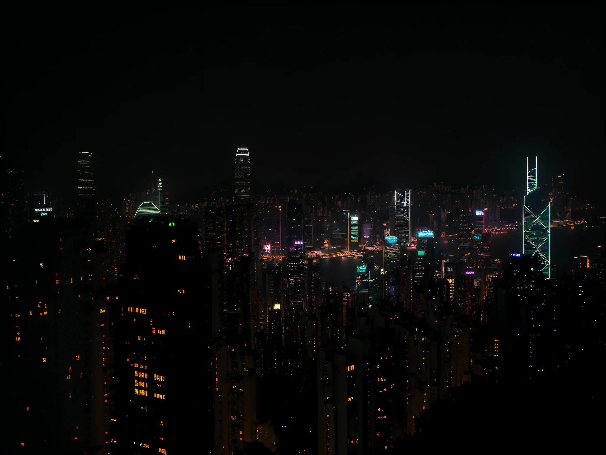 Night view of the city with skyscrapers and bridges, Hong Kong cyberpunk cityscape, the lights of the city lighten up the sky, Lots of Dazzling neon billboards and logos (1.3), dystopian city skyline at night, Cyberpunk style, EdgeRunners, (volumetric fog effect (1.3), halation effect, ray tracing, Ultra high quality), masterpiece, 8K, RAW