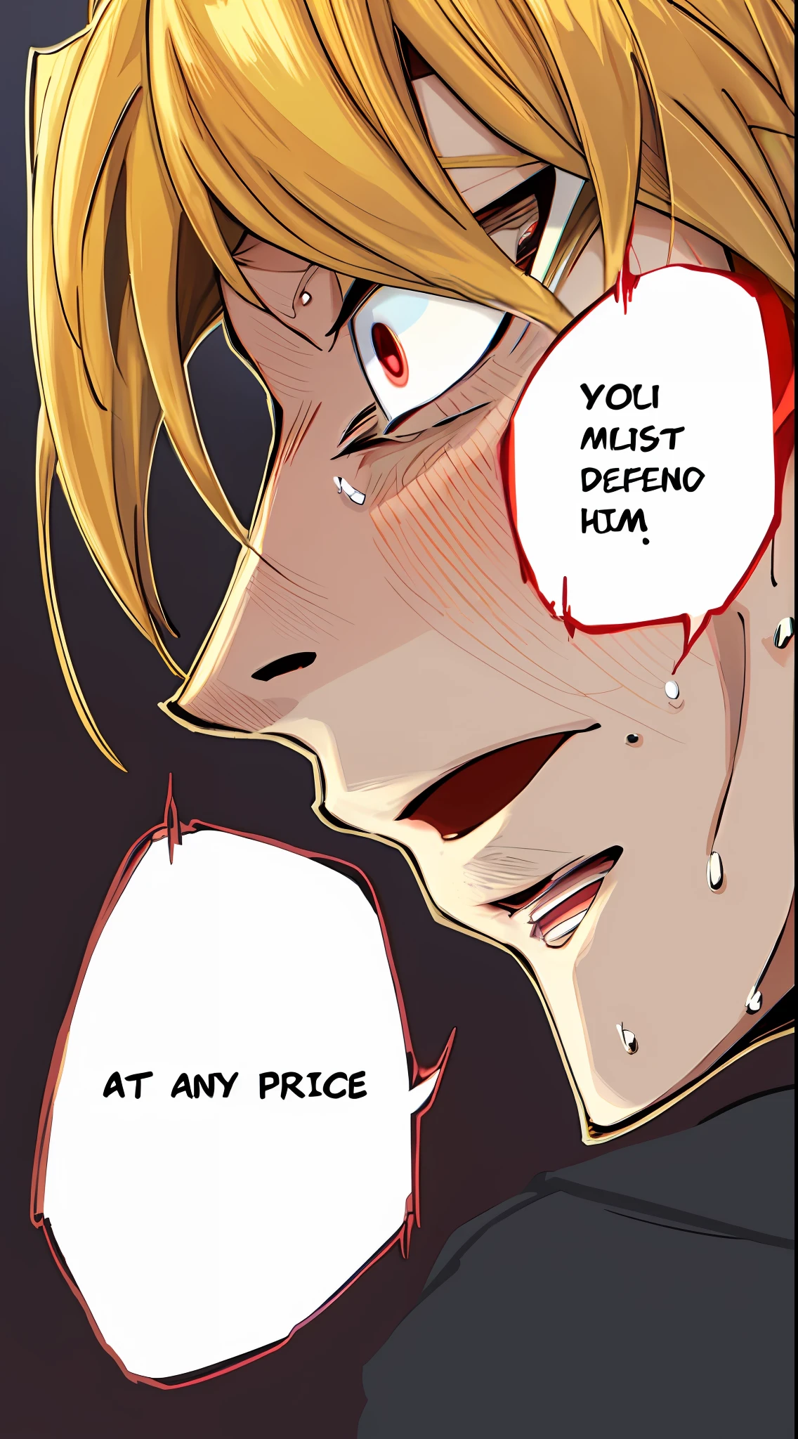 a anime of a man with blonde hair from side view, red eyes, close up face, open mouth, text bubble speech, shocked, sweat, sweatdrop, color manga, manga color, color manga, color manga panel, simple background, a white background