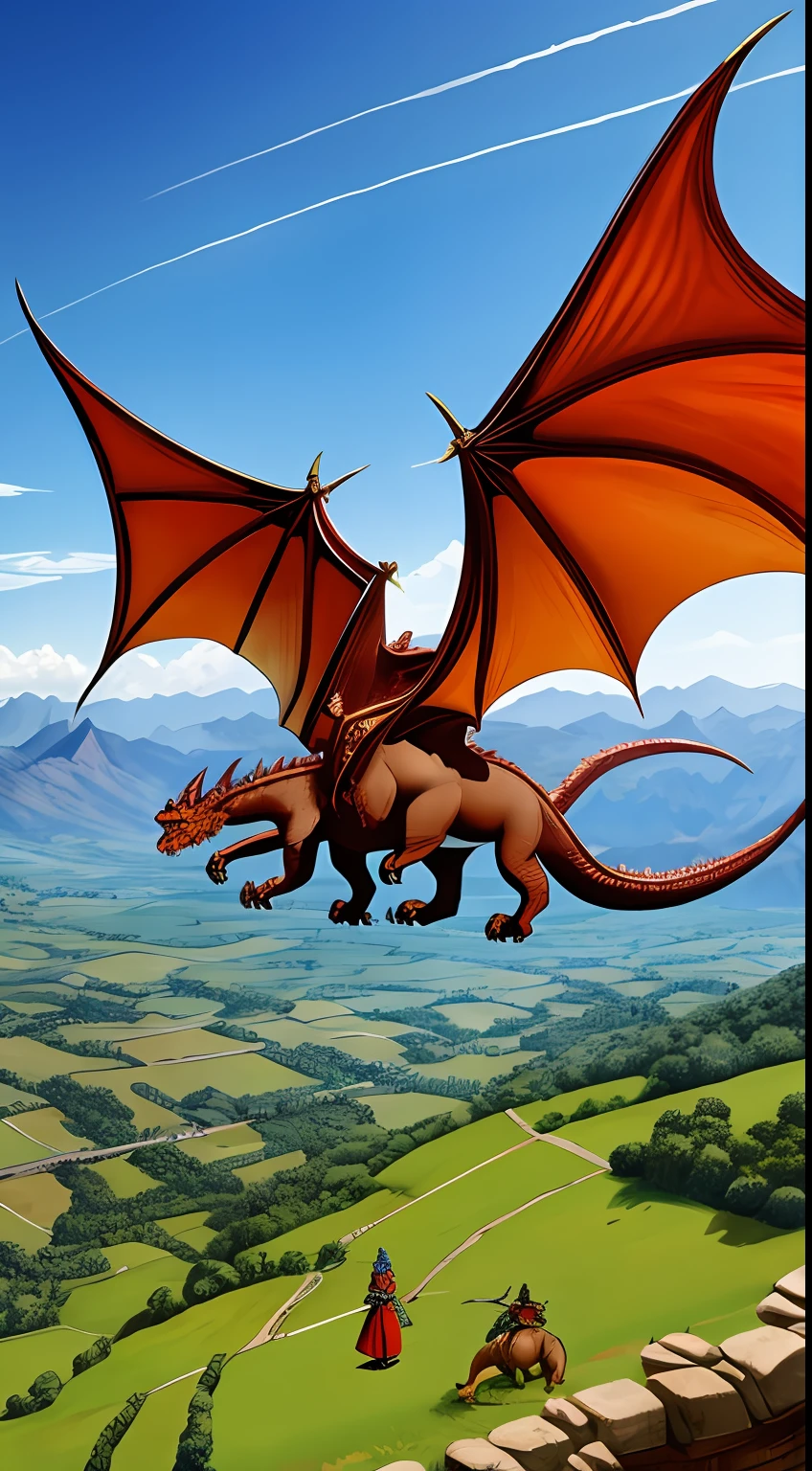 Medieval dragon trainers rode on the back of dragons with spears in their hands，Overlooking the battlefield below --auto