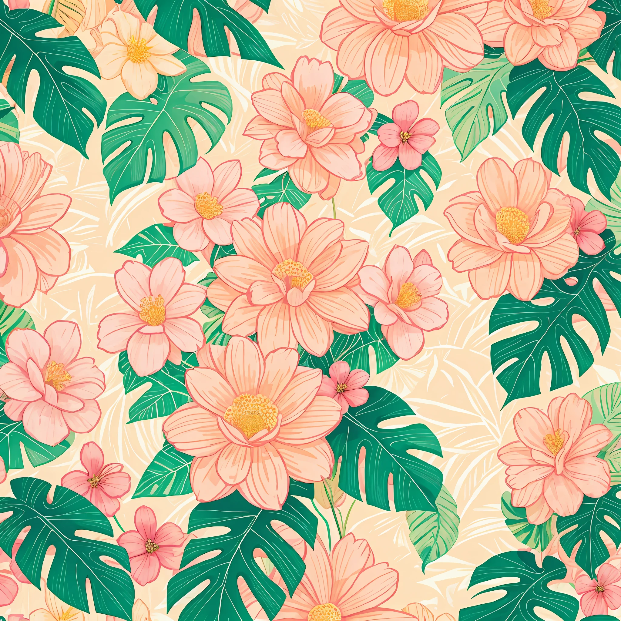 florals,Printing,Soft beige,pastel pink,Tropical plants,flatillustration,Maximalism,Bright color scheme