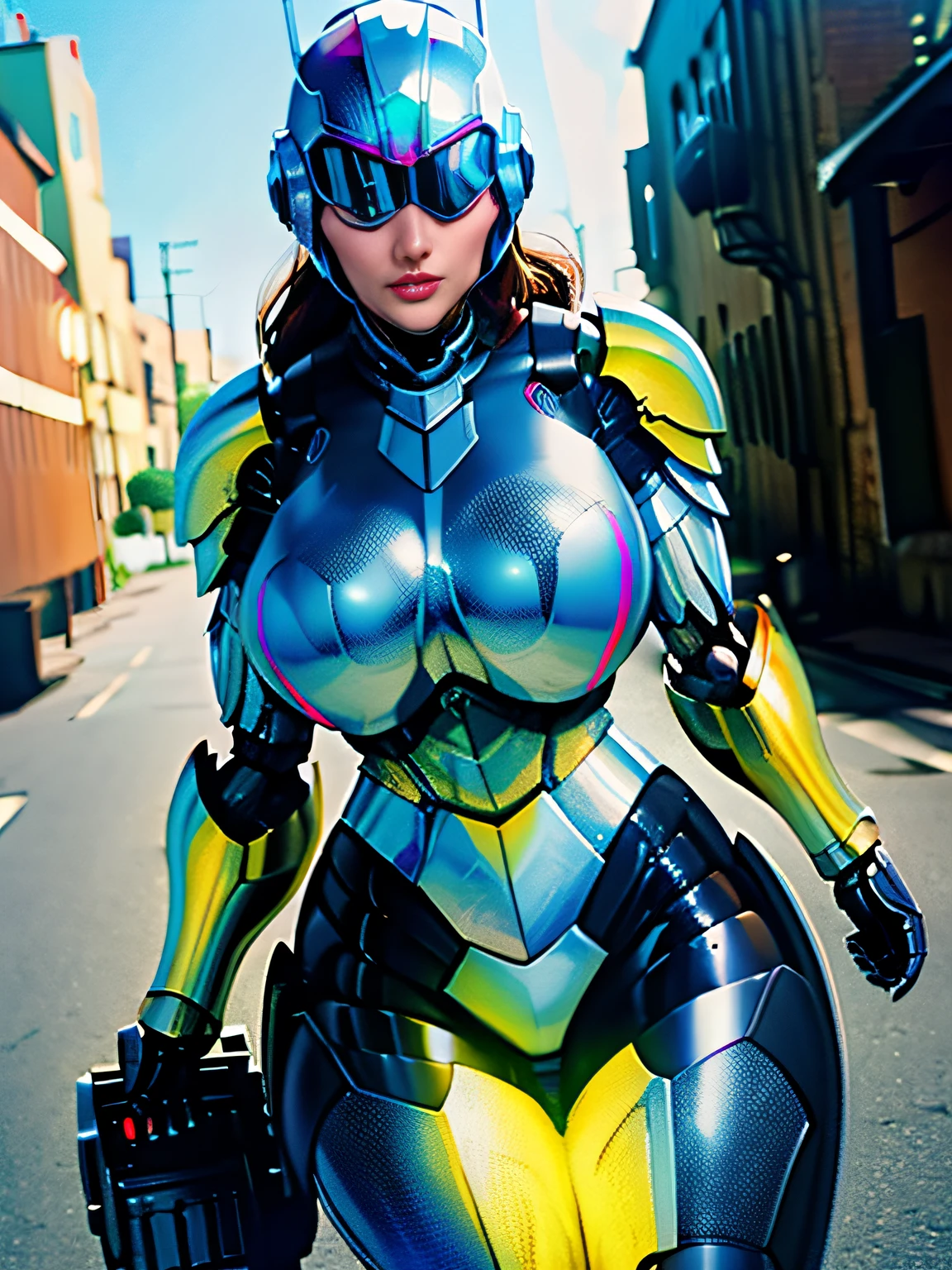 One Woman Robocop、Combat Robots、Armor that completely covers the whole body、very large breast-shaped chest armor,、Helmet to hide your eyes、Iridescent shiny armor、armor that completely covers the chest,,、Slender and long legs、Vibrant poses、full-body view