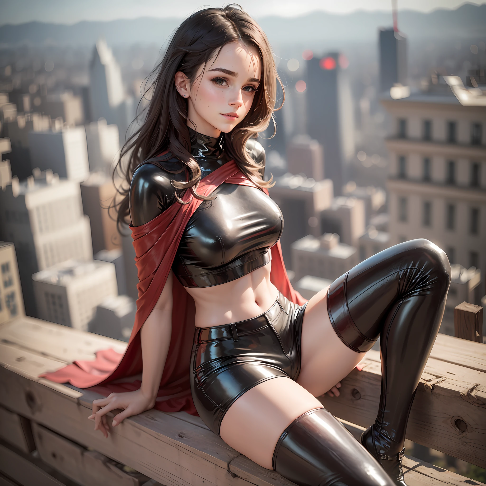 a beautiful emma watson as a super heroine sitting on a fence. with a gentle smile her vibrant and youthful features create a striking ethereal beauty. Her latex shorts and crop top adheres to her skin, black and shiny, contours her sexy body. She looks at the city below. red cape.