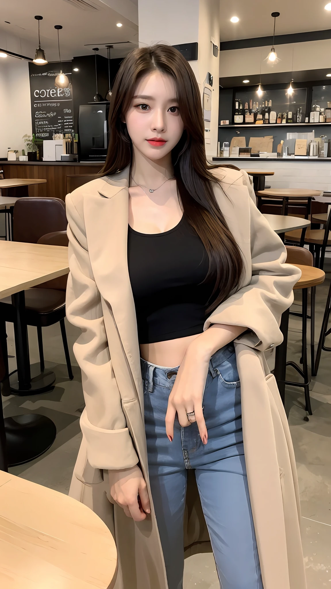 (realisticlying, A high resolution:1.3), 1 girl with a perfect body, Super fine face and eyes,long whitr hair, Tank top of random colors:1.2, short jeans pants, in a cafe, Coffee on the table, huge tit,Vest with coat,