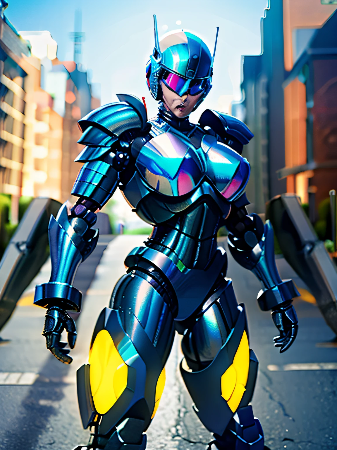 One Woman Robocop、Combat Robots、Armor that completely covers the whole body、very large breast-shaped chest armor,、Helmet to hide your eyes、Iridescent shiny armor、armor that completely covers the chest,,、Slender and long legs、Vibrant poses、full-body view