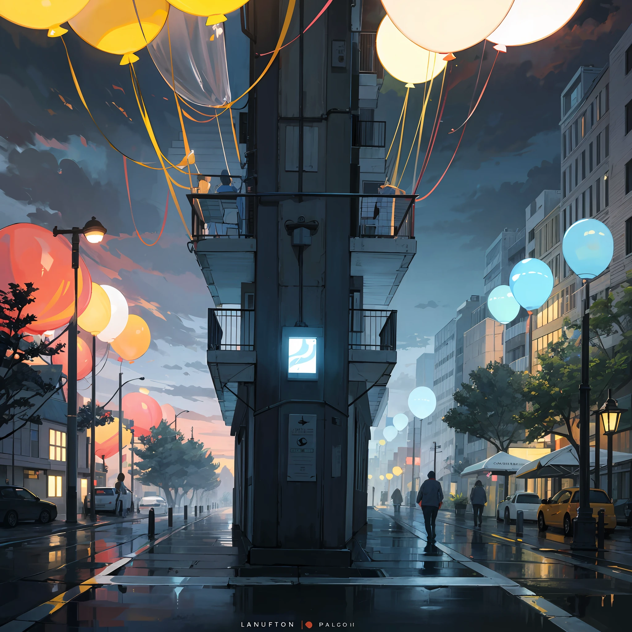 Too Many balloons are tied to street trees, The four-lane boulevard with maple trees, In the center of the background, wide shot, A view from afar, Dye, And the balloons are tinged with pale light. (Painting, Illustration, MASTER PIECE, intricate detailed, Ultra-detailed, Top resolution, Best Quality, ultra-quality, sharp & Smooth, best{shading & Lighting}:0.9),(distortion, Beautiful luminescence and transparency:1.25),(Realistic:0.6),High contrast,