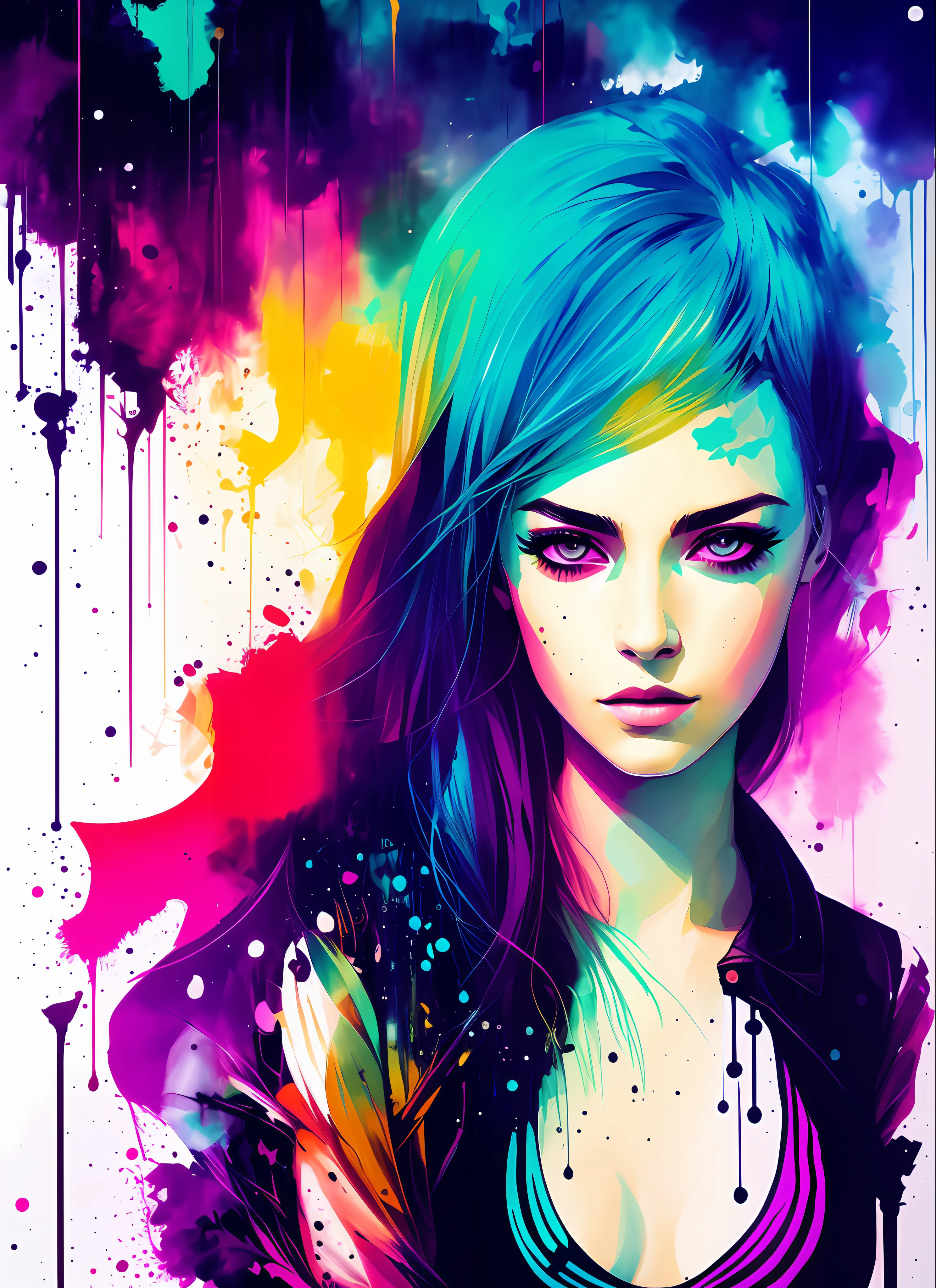 swpunk style synthwavea woman by agnes cecile, luminous design, neon colours, ink drips, cyberpunk city lights