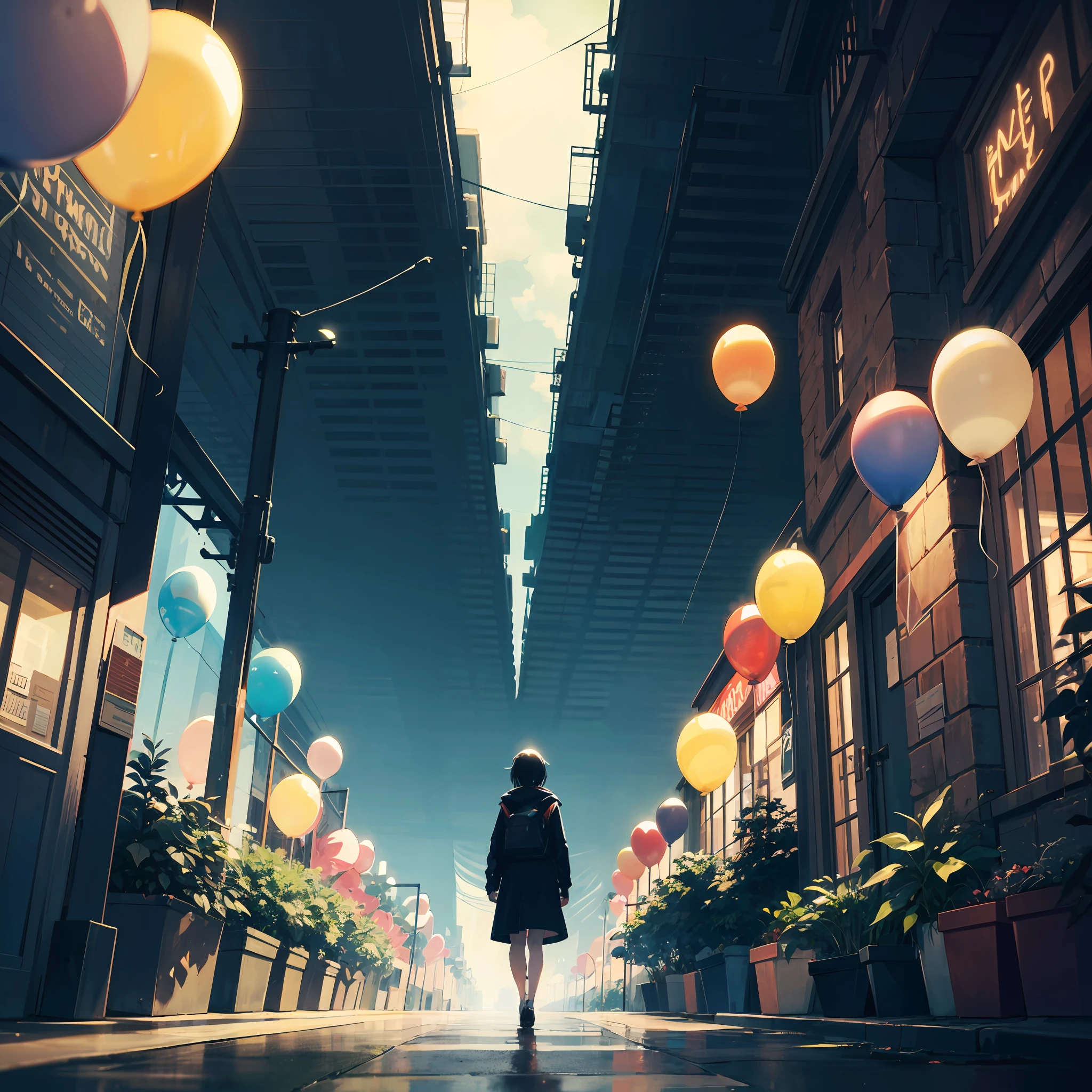 Too Many balloons are tied to street trees, The four-lane boulevard with maple trees, In the center of the background, wide shot, A view from afar, Dye, And the balloons are tinged with pale light. (Painting, Illustration, MASTER PIECE, intricate detailed, Ultra-detailed, Top resolution, Best Quality, ultra-quality, sharp & Smooth, best{shading & Lighting}:0.9),(distortion, Beautiful luminescence and transparency:1.25),(Realistic:0.6),High contrast,