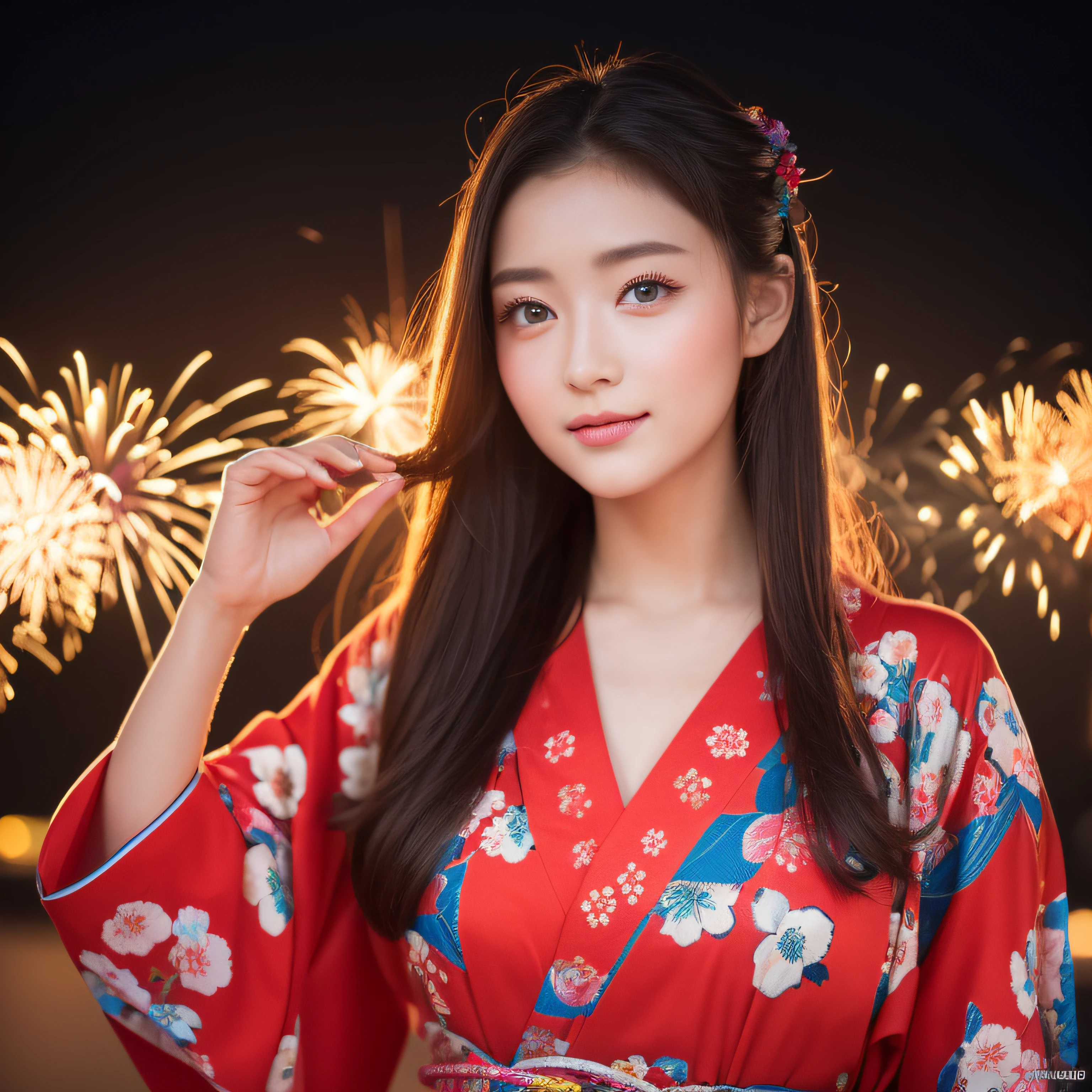 ((masterpiece、top-quality、ultra-definition、hight resolution))、独奏、a beauty girl、radiant eyes、perfect eyes、Japan's beautiful sister、Yukata with red floral pattern、Fireworks in the background、fully body photo:1.1
