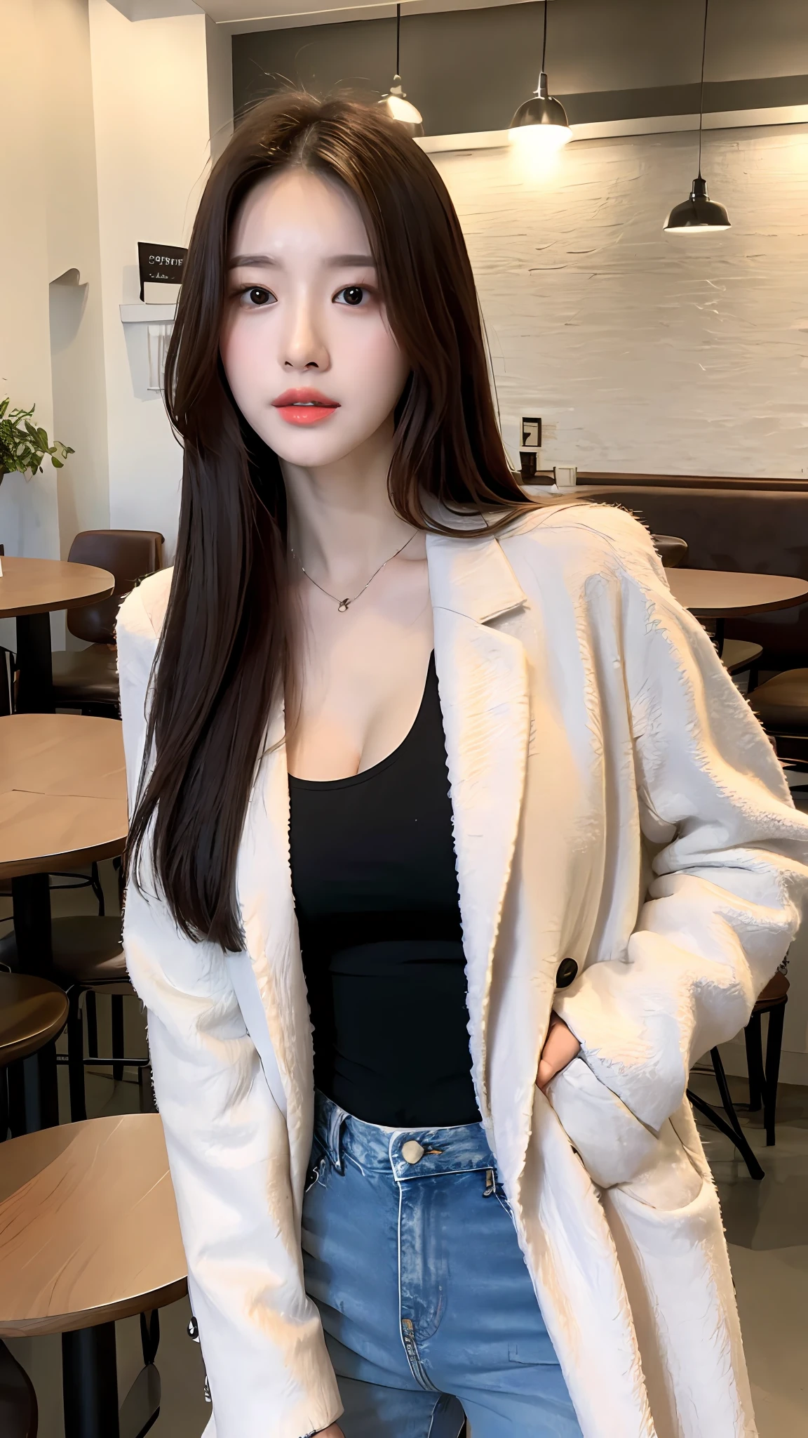 （realisticlying， A high resolution：1.3）， 1 girl with a perfect body， Super fine face and eyes，long whitr hair， Tank top of random colors：1.2， short jeans pants， in a cafe， Coffee on the table， huge tit，Coat vest，