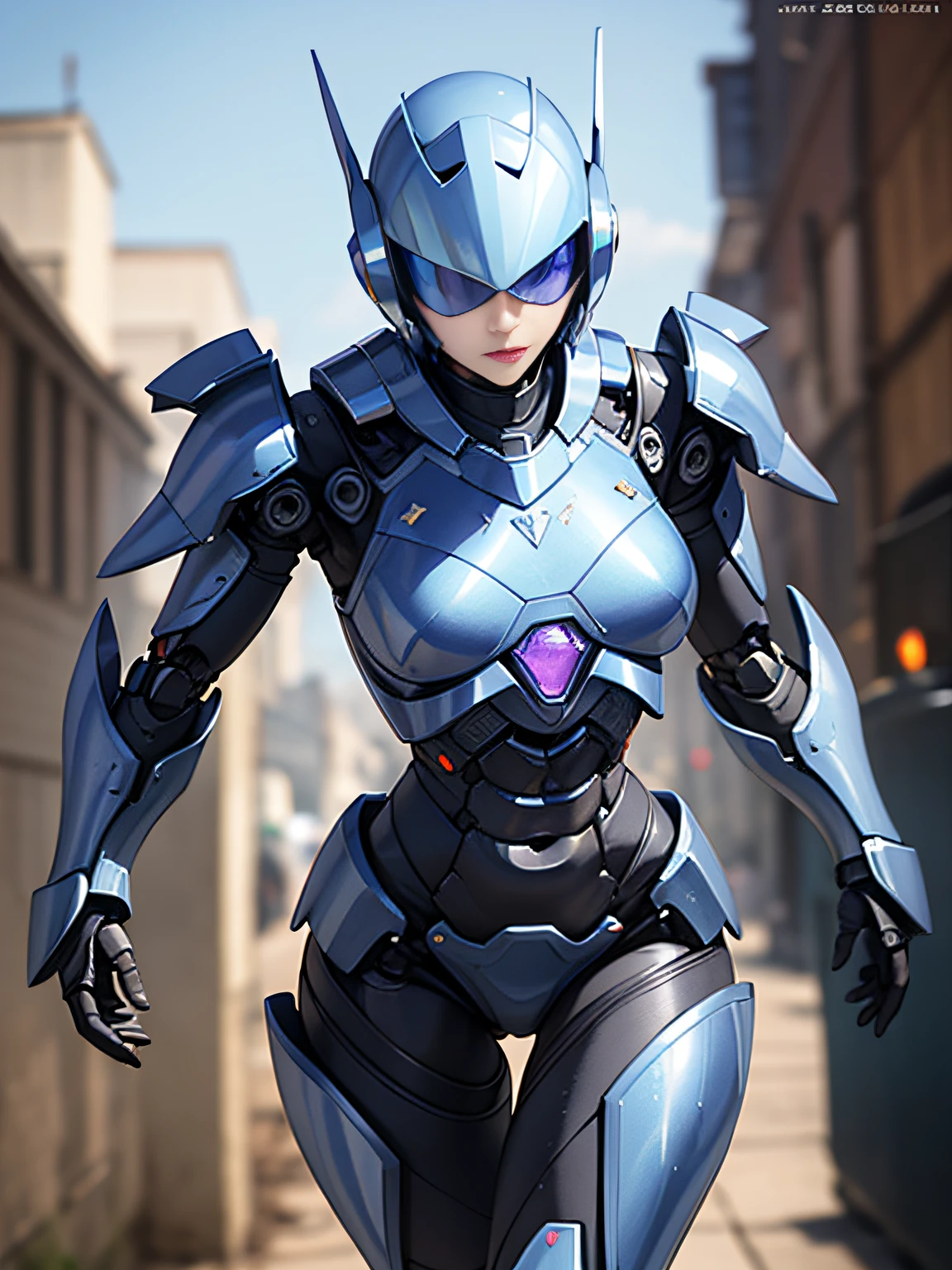 One Woman Robocop、Combat Robots、Armor that completely covers the whole body、very large chest-shaped chest armor,、Helmet to hide your eyes、Iridescent shiny armor、armor that completely covers the chest,,、Slender and long legs、Vibrant poses、full-body view