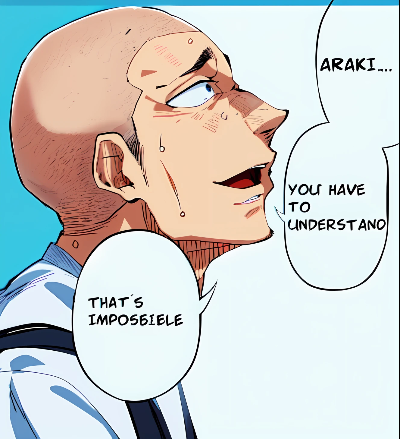 a anime of a man with no hair from side view, side view, bald, white shirt, sweat, sweatdrop, looking up, open mouth, text bubble speech, color manga, manga color, color manga, color manga panel, simple background, a white background