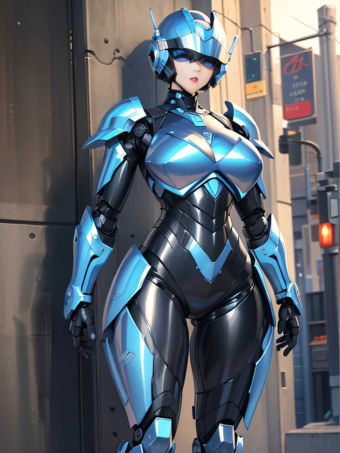 One Woman Robocop、Combat Robots、Armor that completely covers the whole body、very large chest-shaped chest armor,、Helmet to hide your eyes、Iridescent shiny armor、armor that completely covers the chest,,、Slender and long legs、Vibrant poses、full-body view